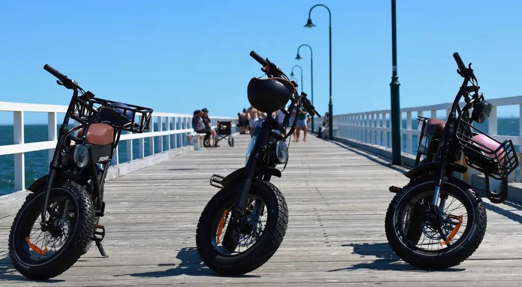 Ridewave Xplorer Series' e-bikes on their kickstand's