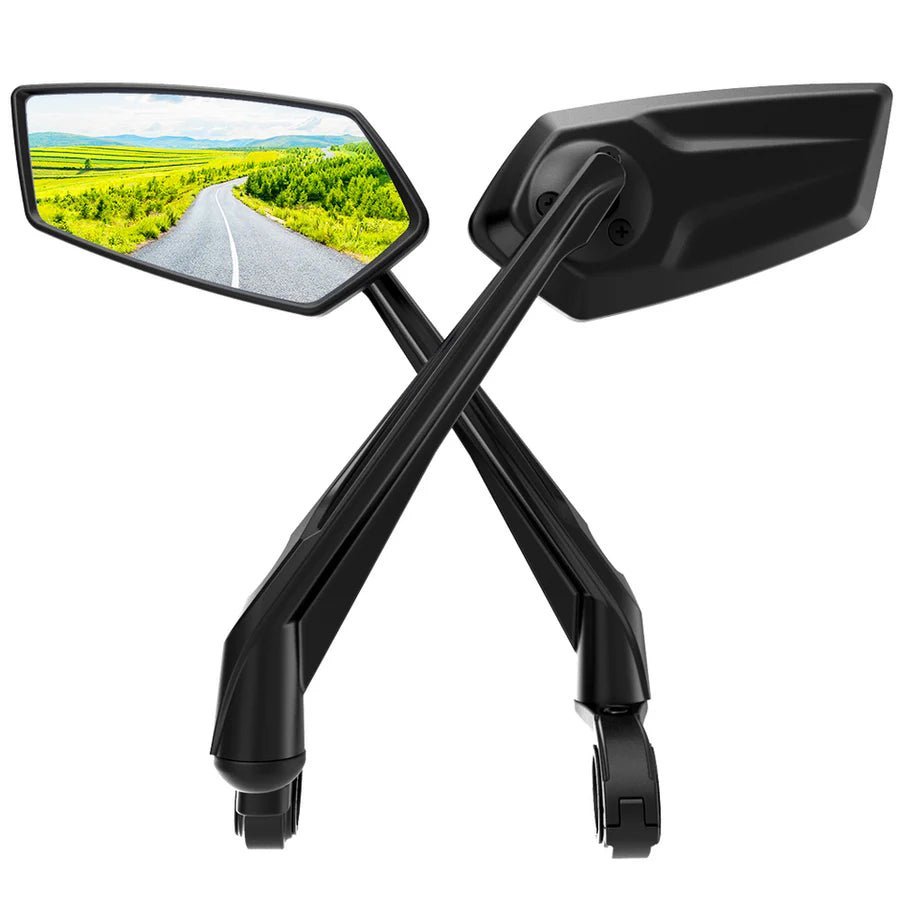 Adjustable bike handlebar mirrors showing wide rear view visibility for safer riding