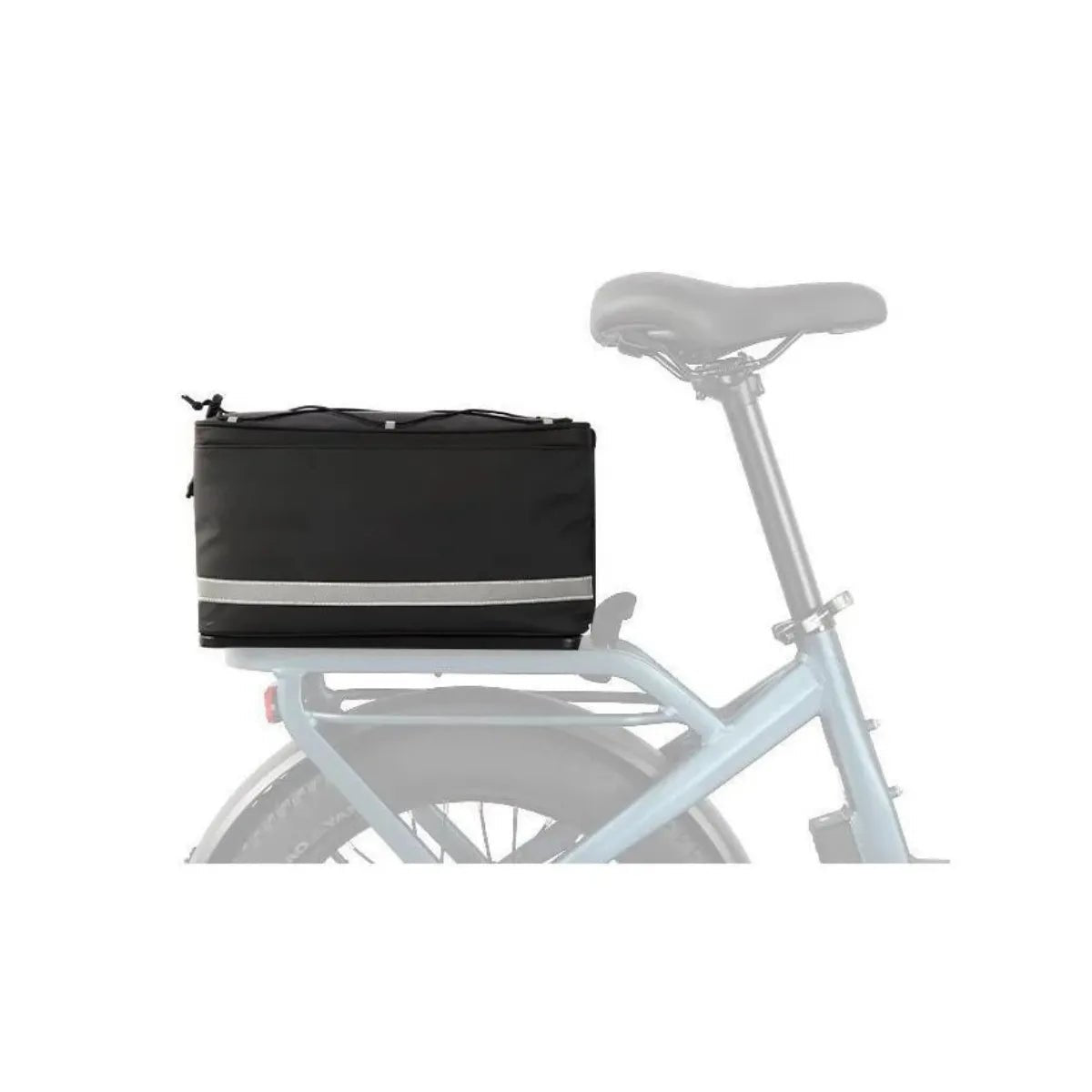 Insulated bike cooler installed on CONNECT+ rear rack system for electric bikes, showing secure quick-release mounting