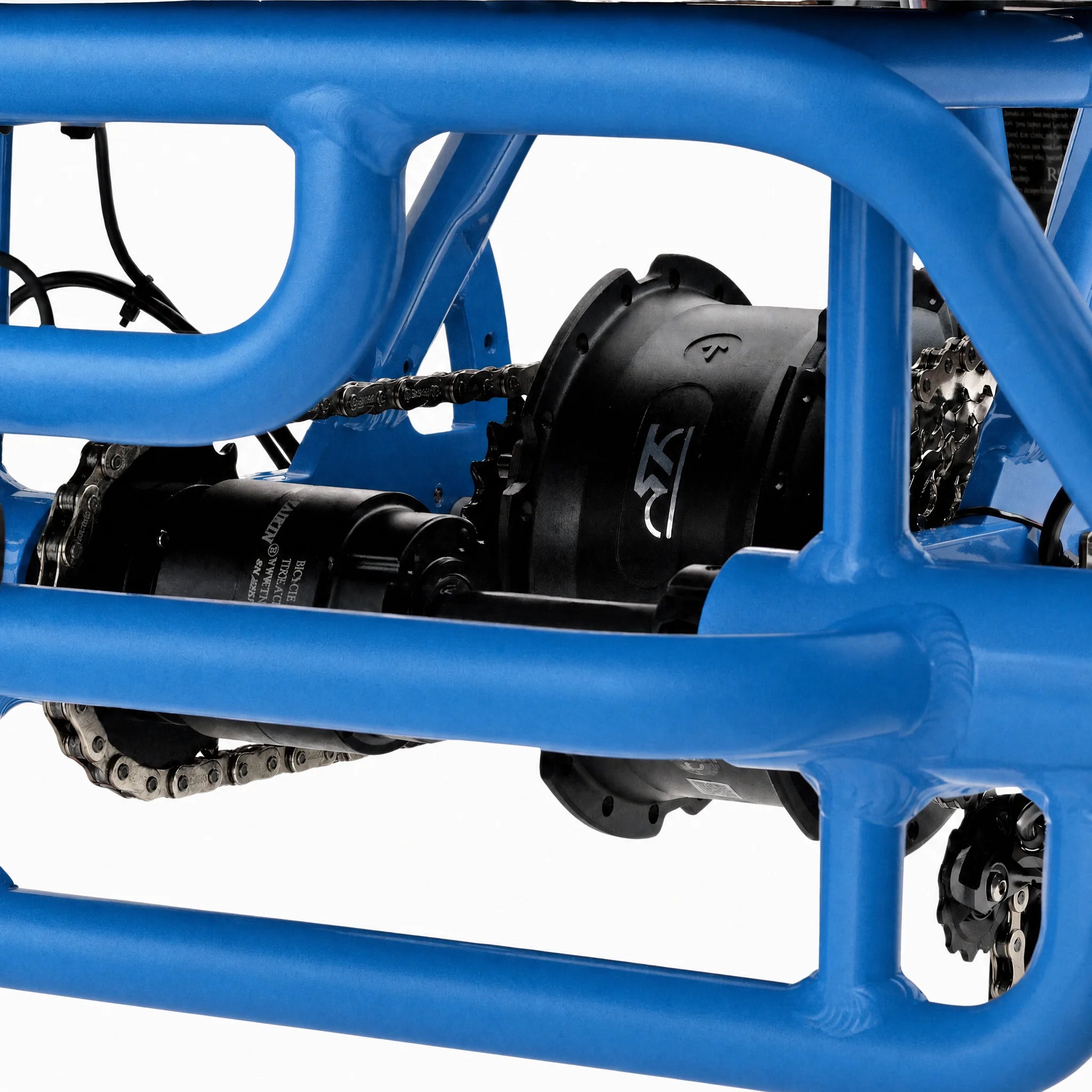 Close-up of a blue metal frame with mechanical components on a white background #color_sky-blue