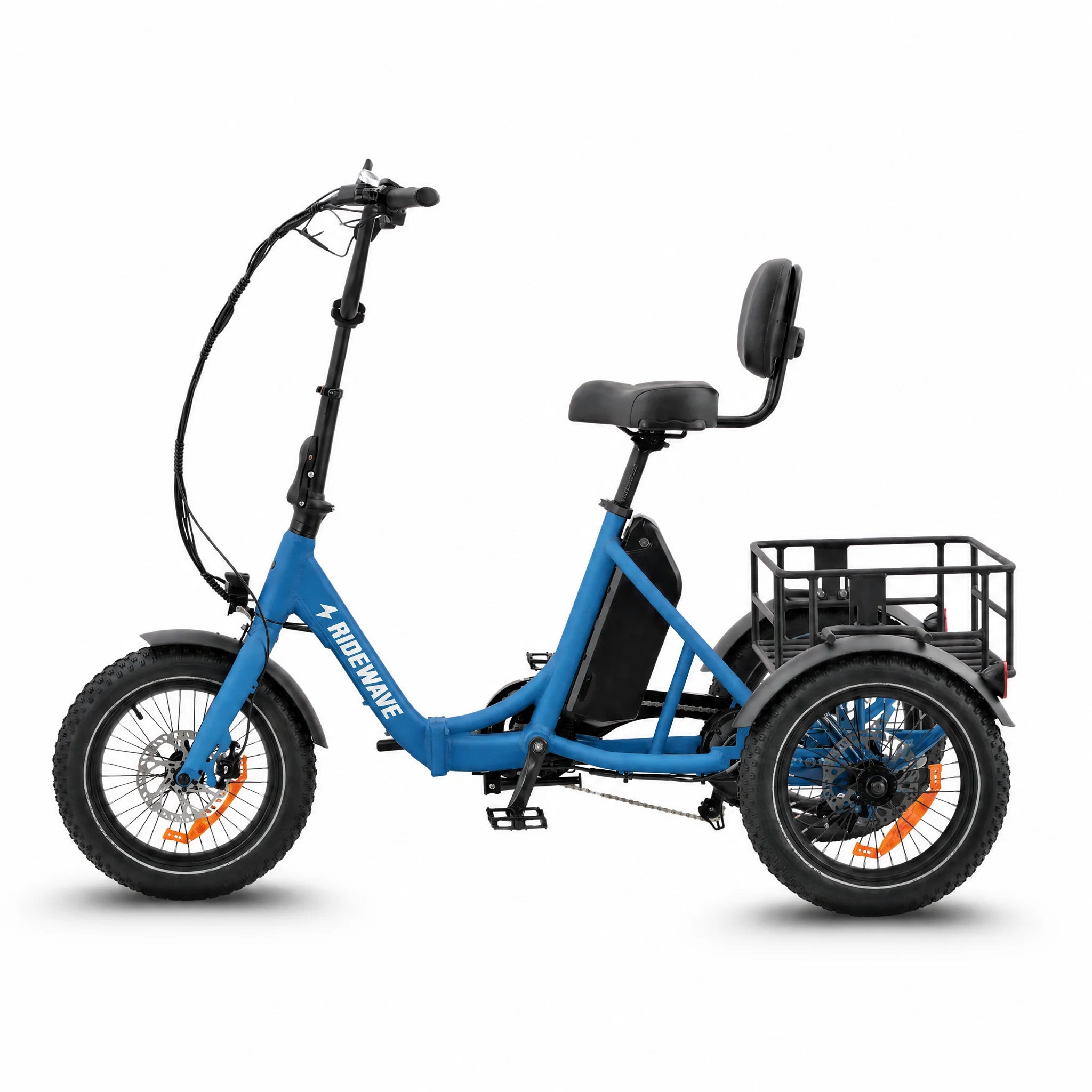 Blue electric tricycle with a basket on a white background #color_sky-blue