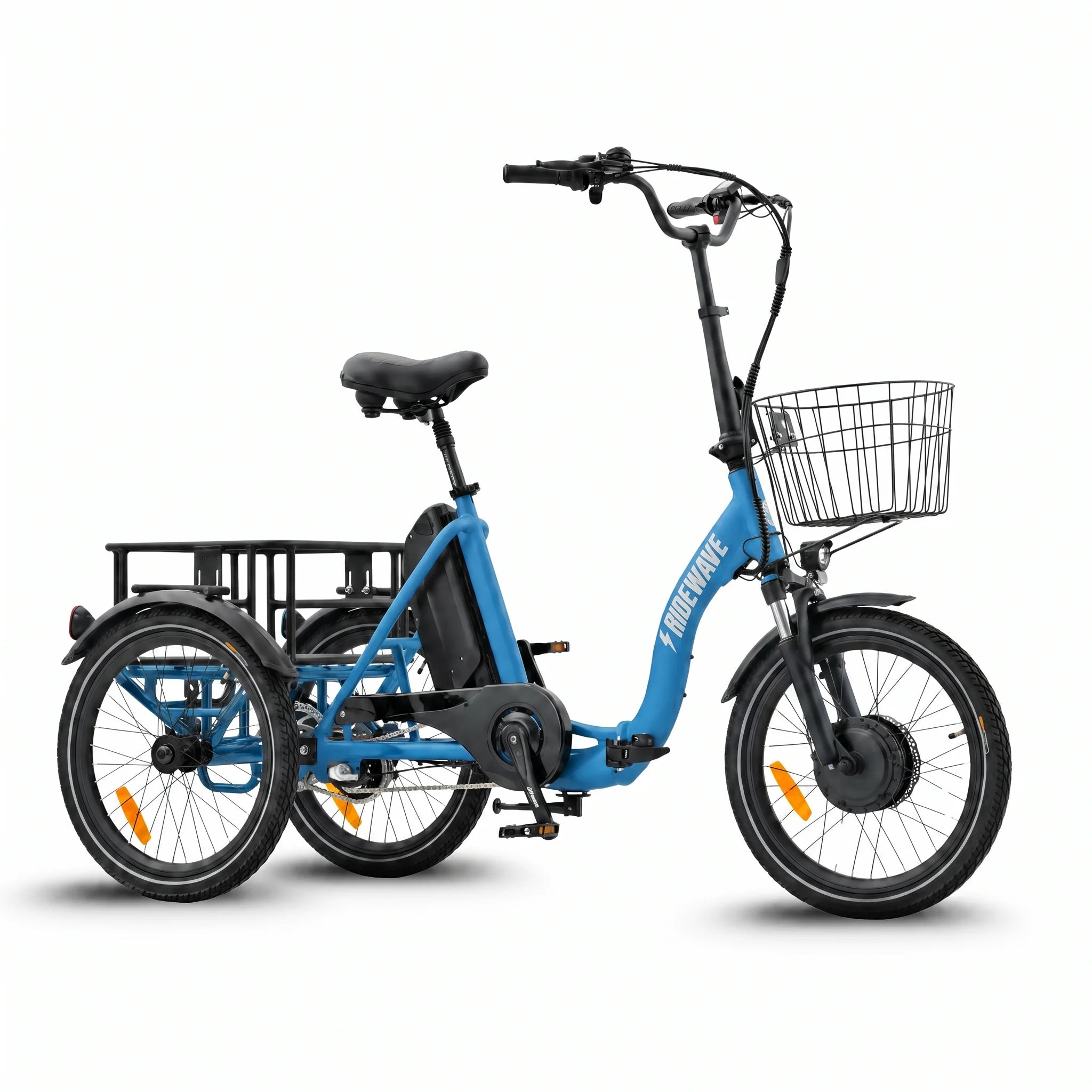 Blue electric tricycle with a basket on a white background #color_sky-blue