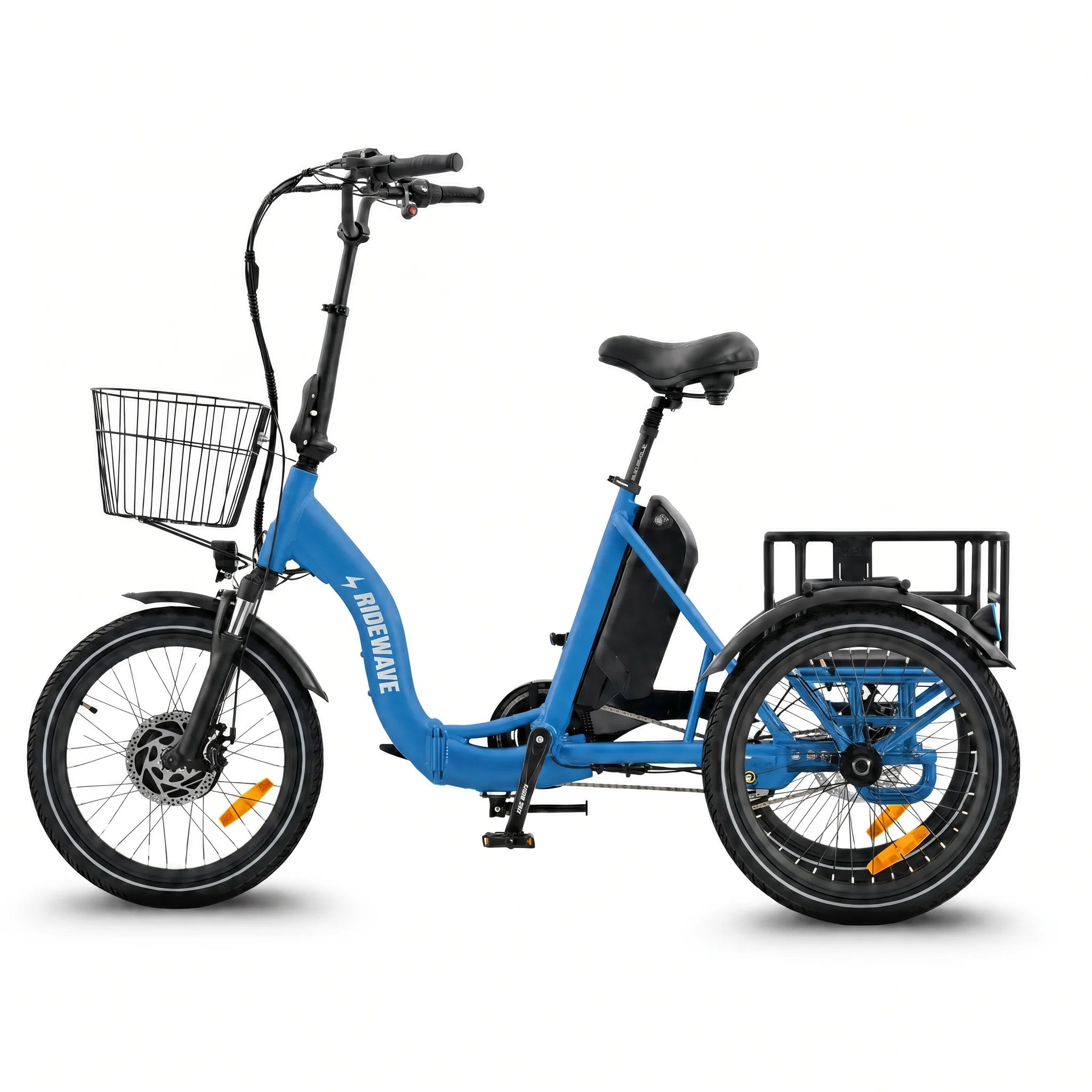Blue electric tricycle with a basket and cargo box on a white background #color_sky-blue