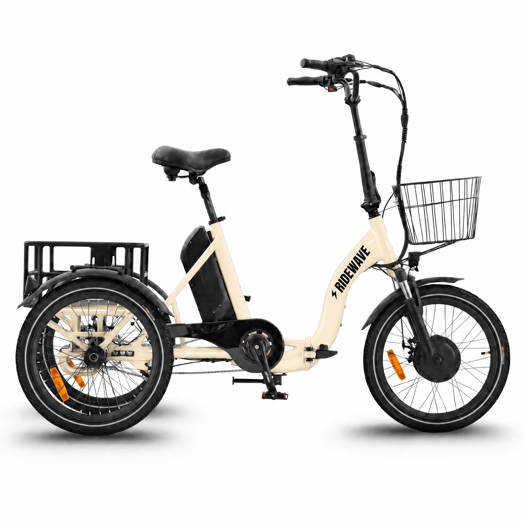 Beige electric tricycle with a basket on a white background #color_cream