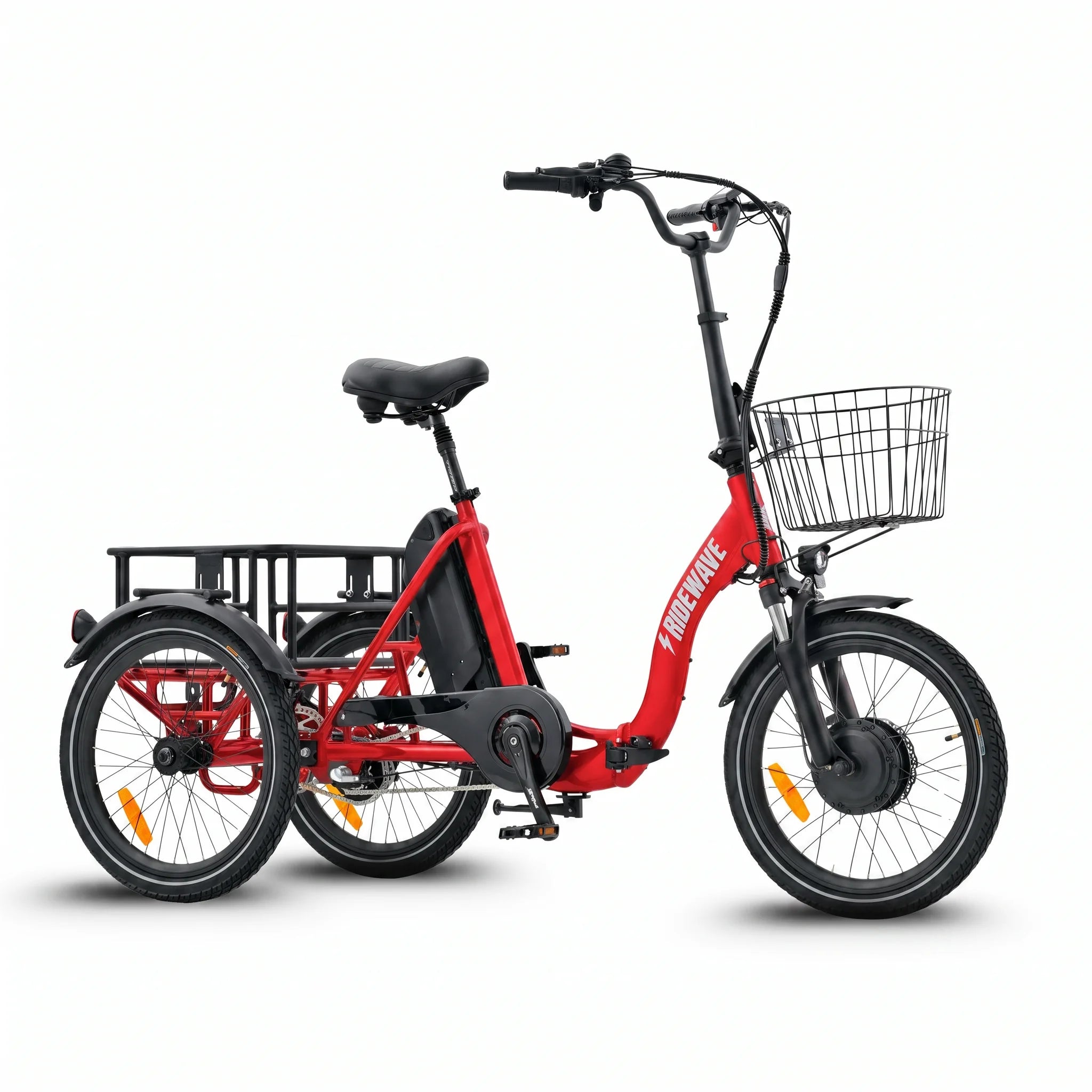 Red electric tricycle with a basket on a white background #color_red