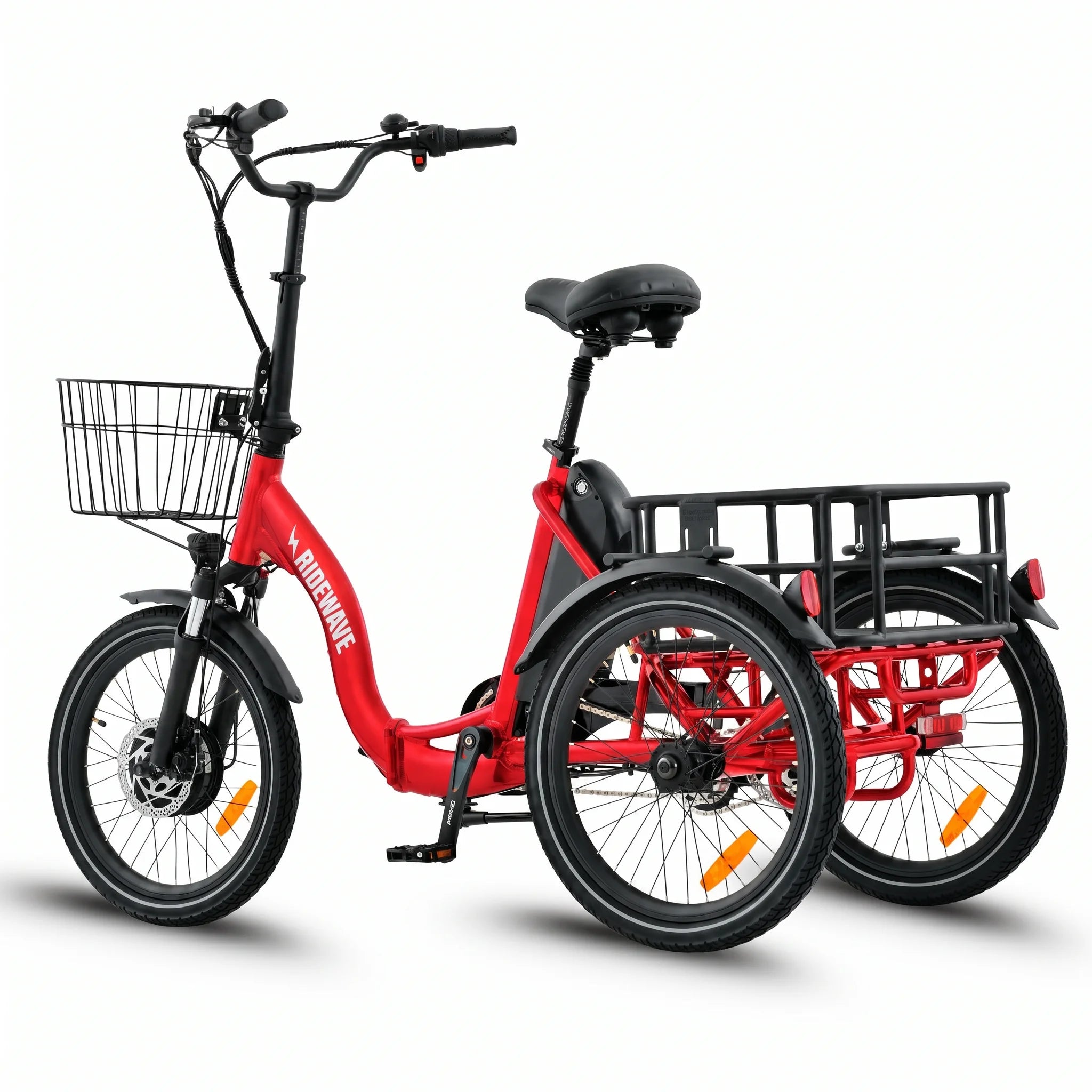 Red electric tricycle with a basket on a white background #color_red