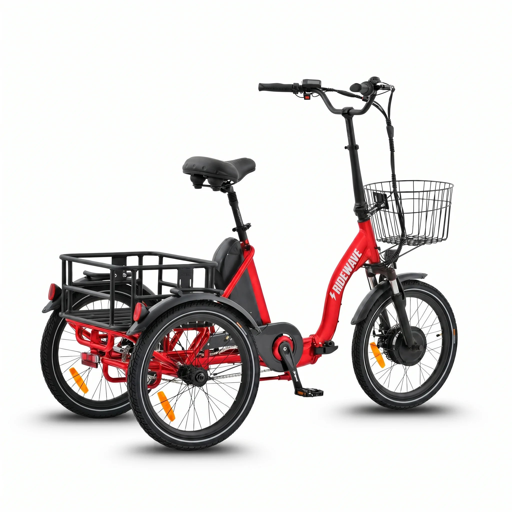 Red electric tricycle with a basket on a white background #color_red