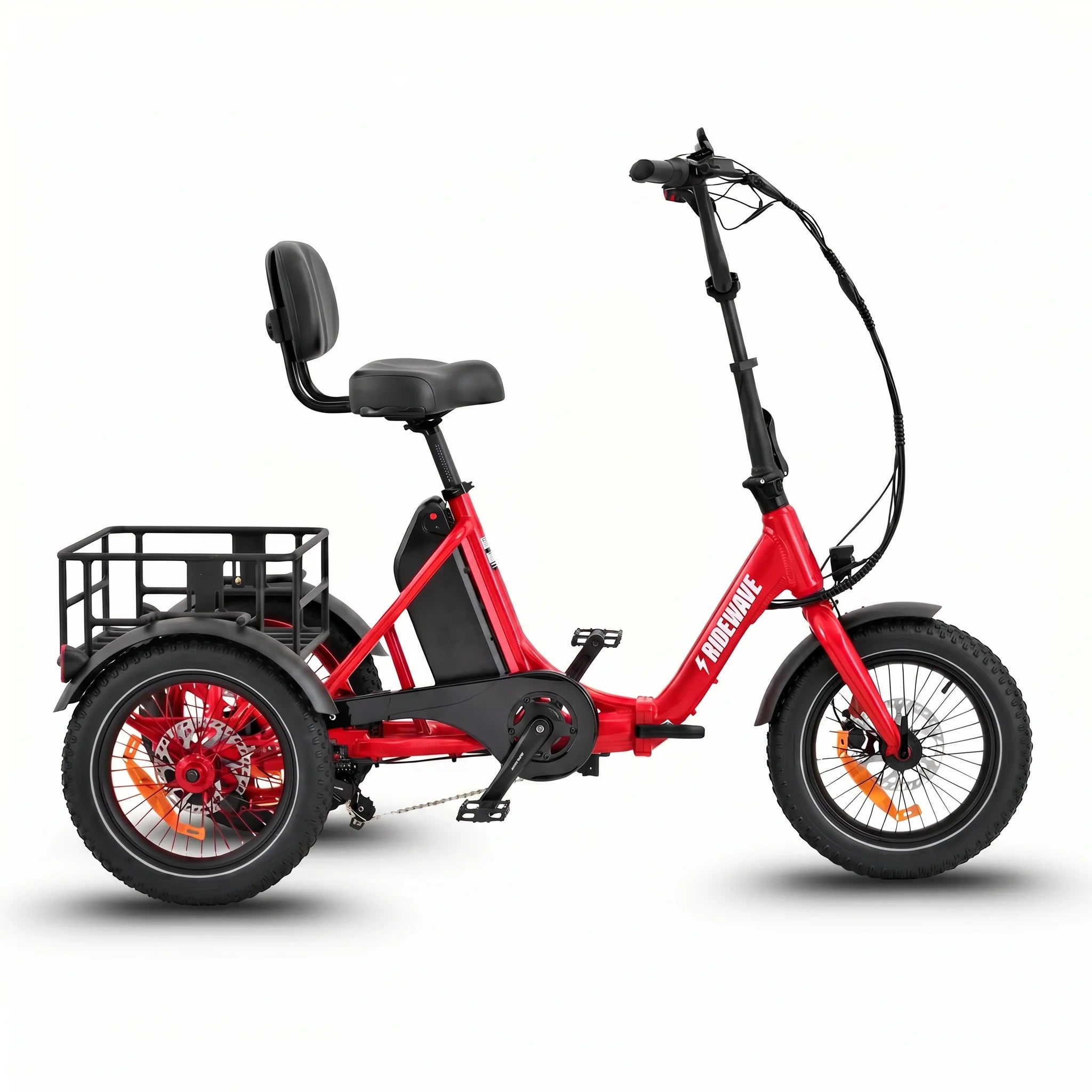 Red electric tricycle with a basket on a white background #color_red