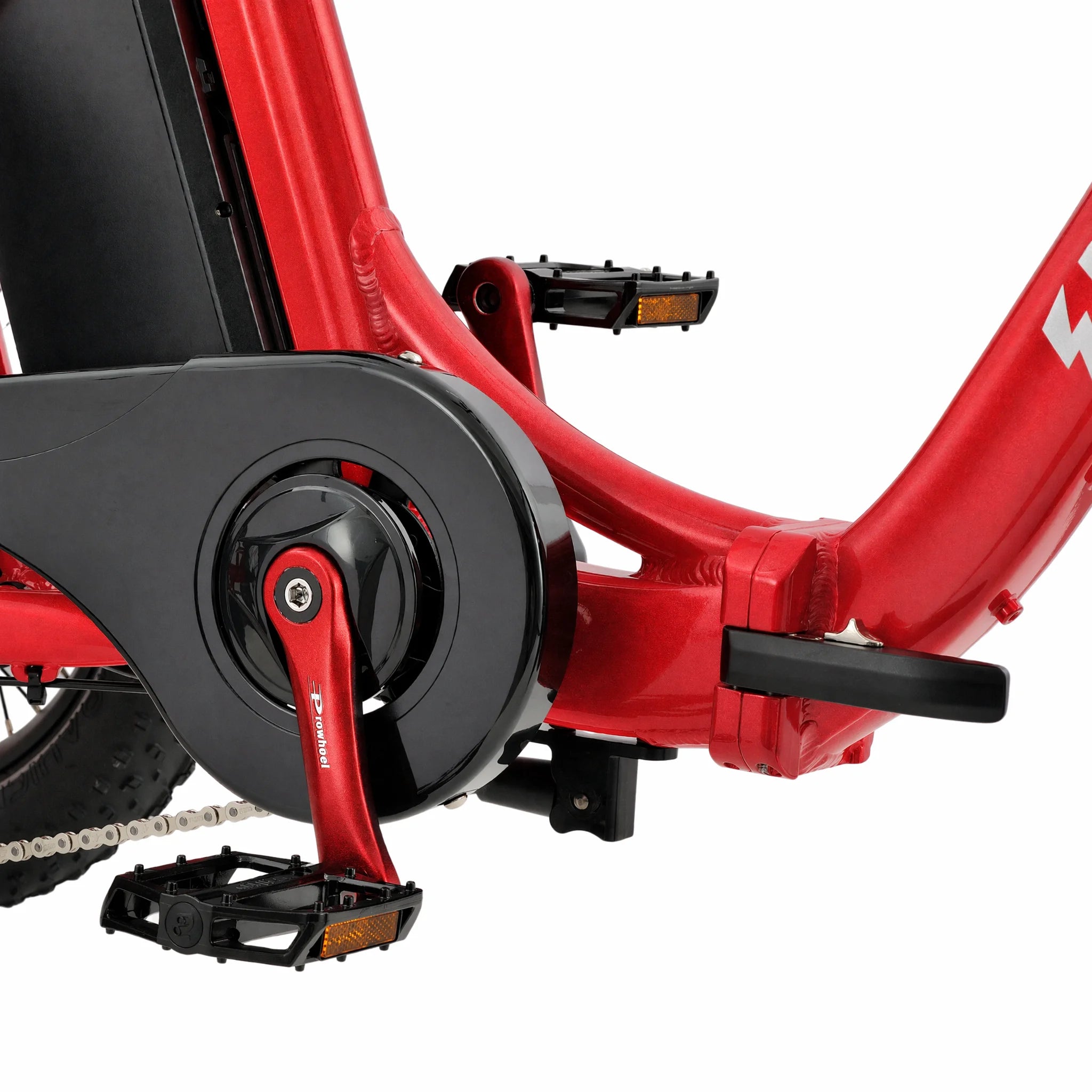 Red electric tricycle with a black seat and basket on a white background #color_red