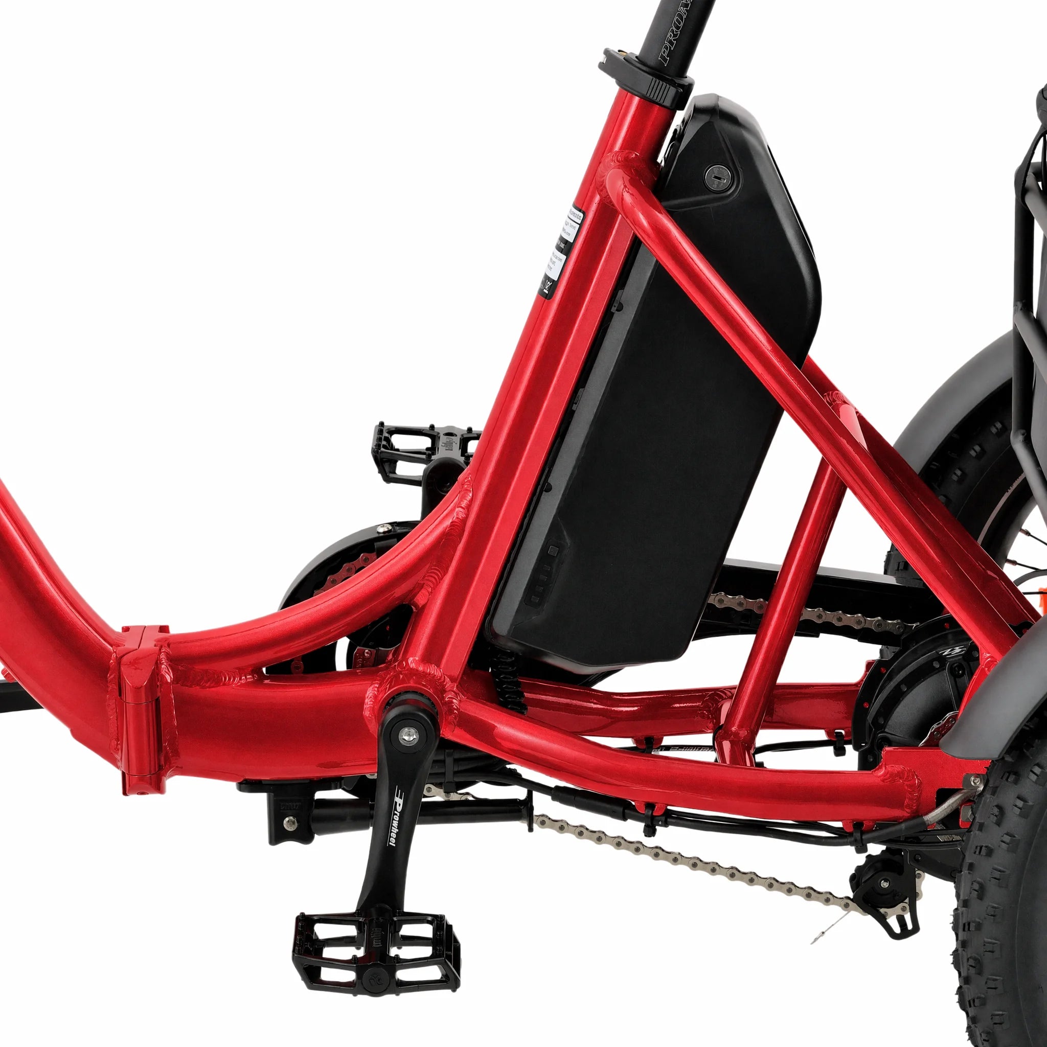 Red recumbent bicycle with a black seat on a white background #color_red