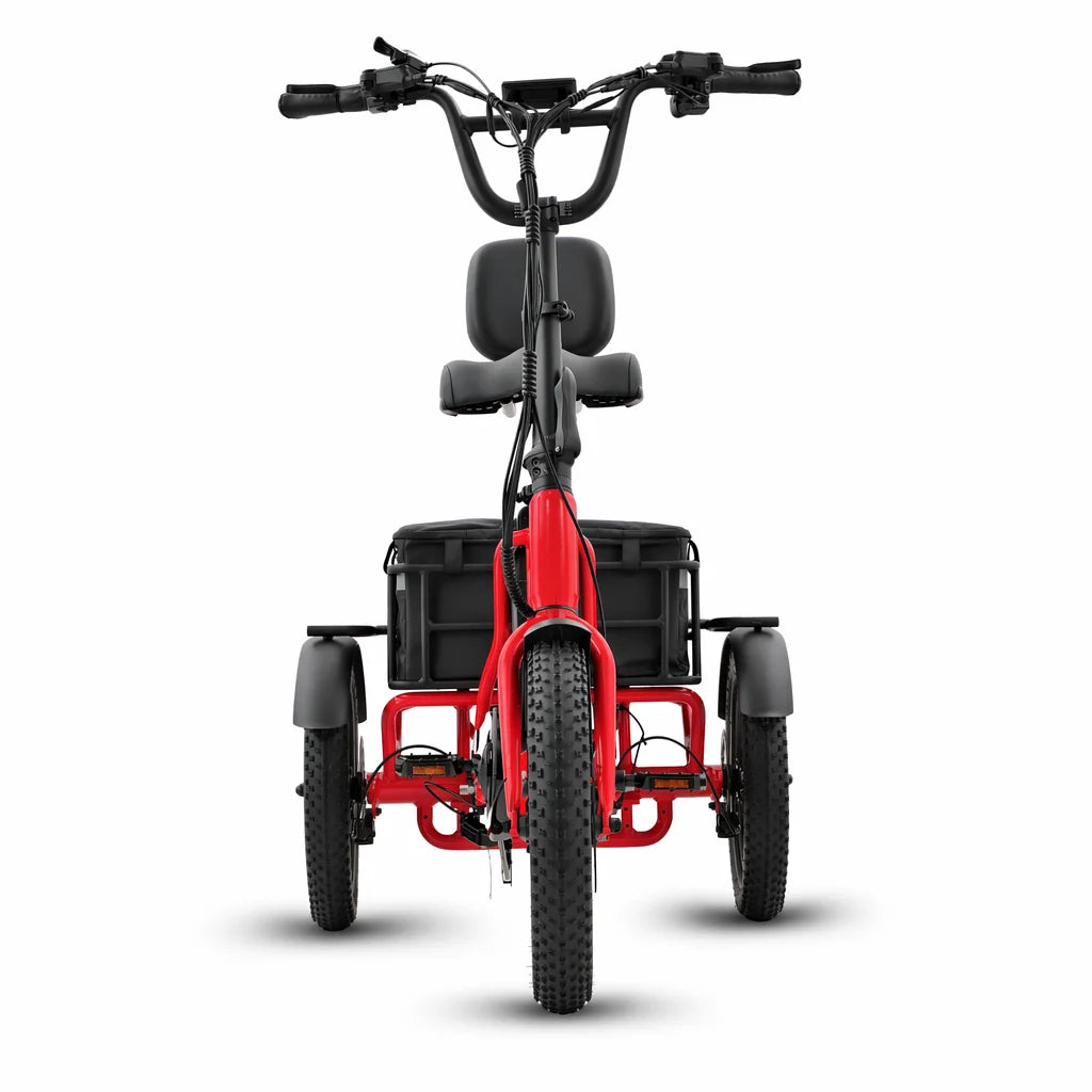 Red tricycle with a black seat and handlebars on a white background #color_red