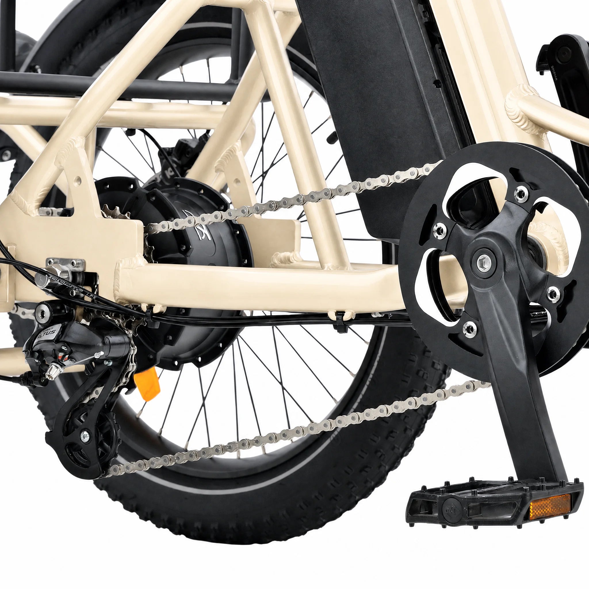 Close-up of an electric bike's chain and gear system on a white background #color_cream