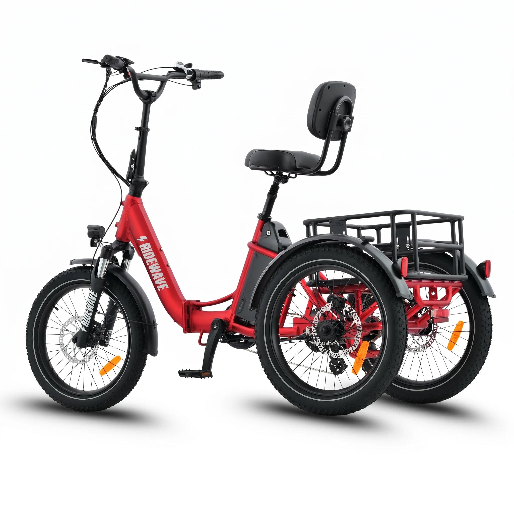 Red electric tricycle with a seat and basket on a white background #color_red
