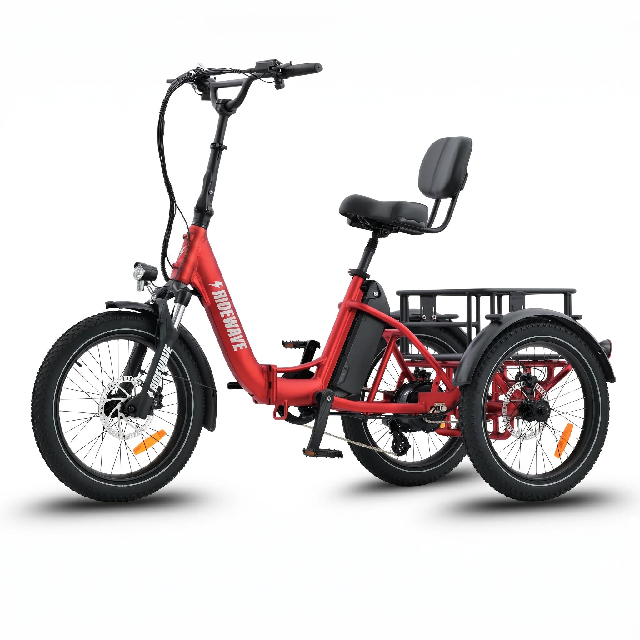 Red electric tricycle with a black seat and basket on a white background #color_red