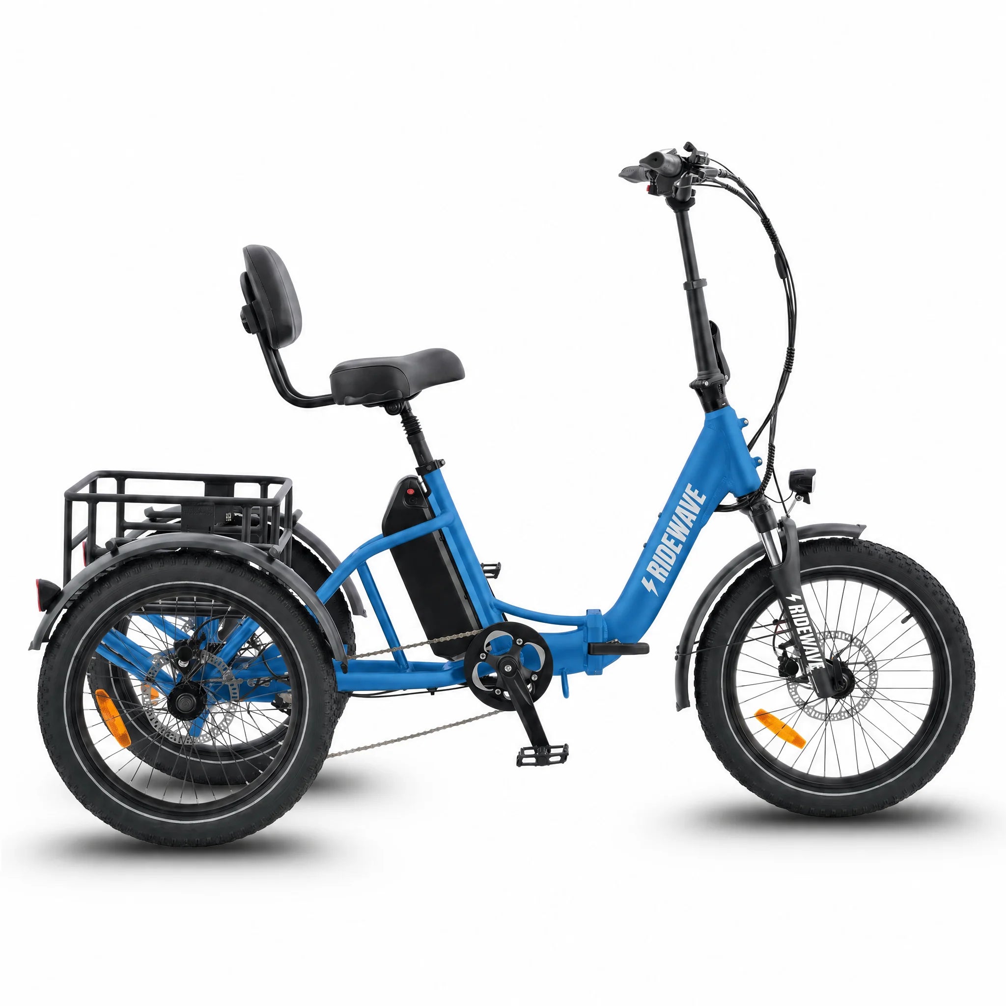 Blue electric tricycle with a seat and basket on a white background #color_sky-blue