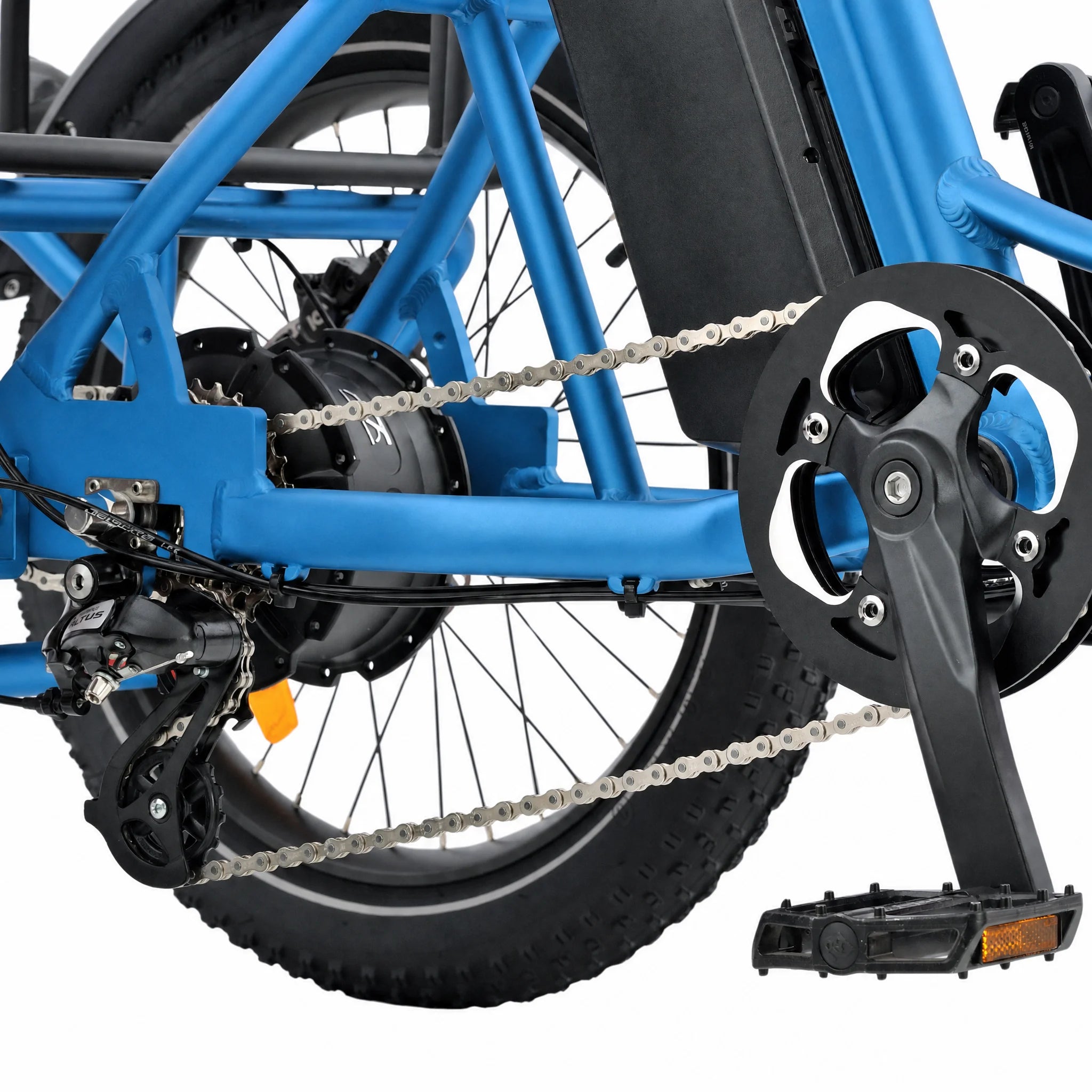 Close-up of a blue bicycle with chain and gear system on a white background #color_sky-blue