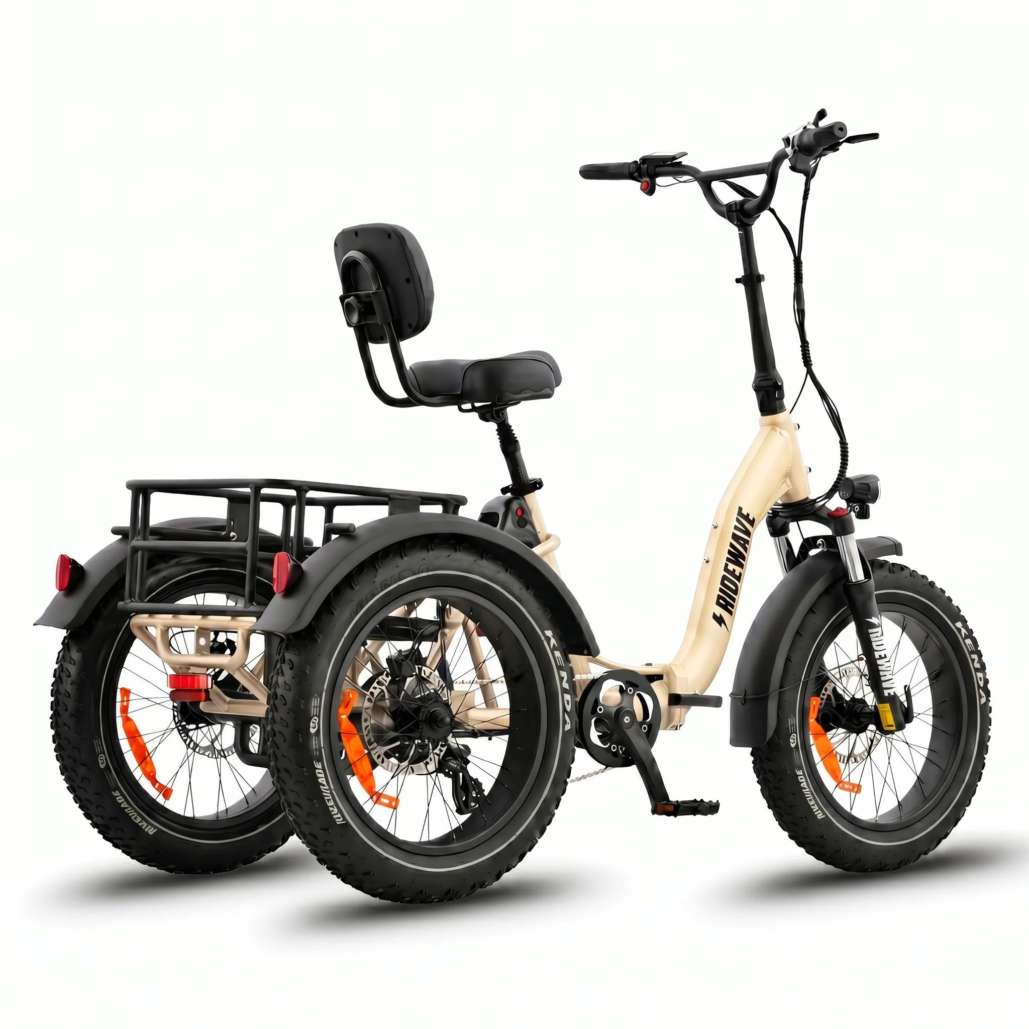 Beige electric tricycle with a black seat and rear storage rack on a white background #color_cream