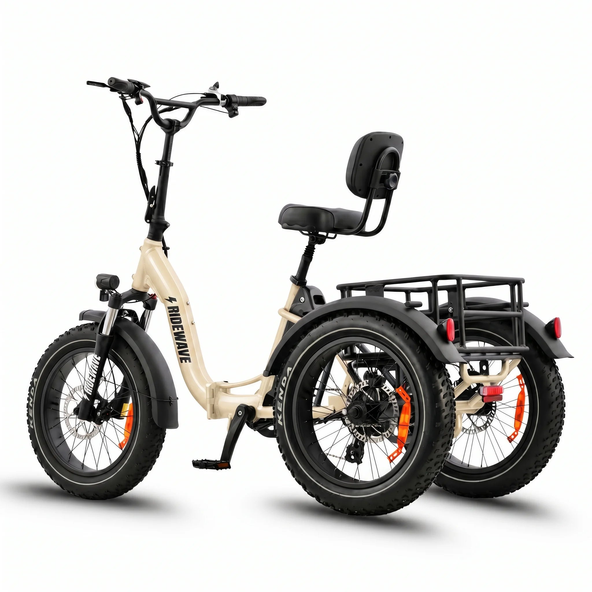 Beige electric tricycle with a seat and rear rack on a white background #color_cream