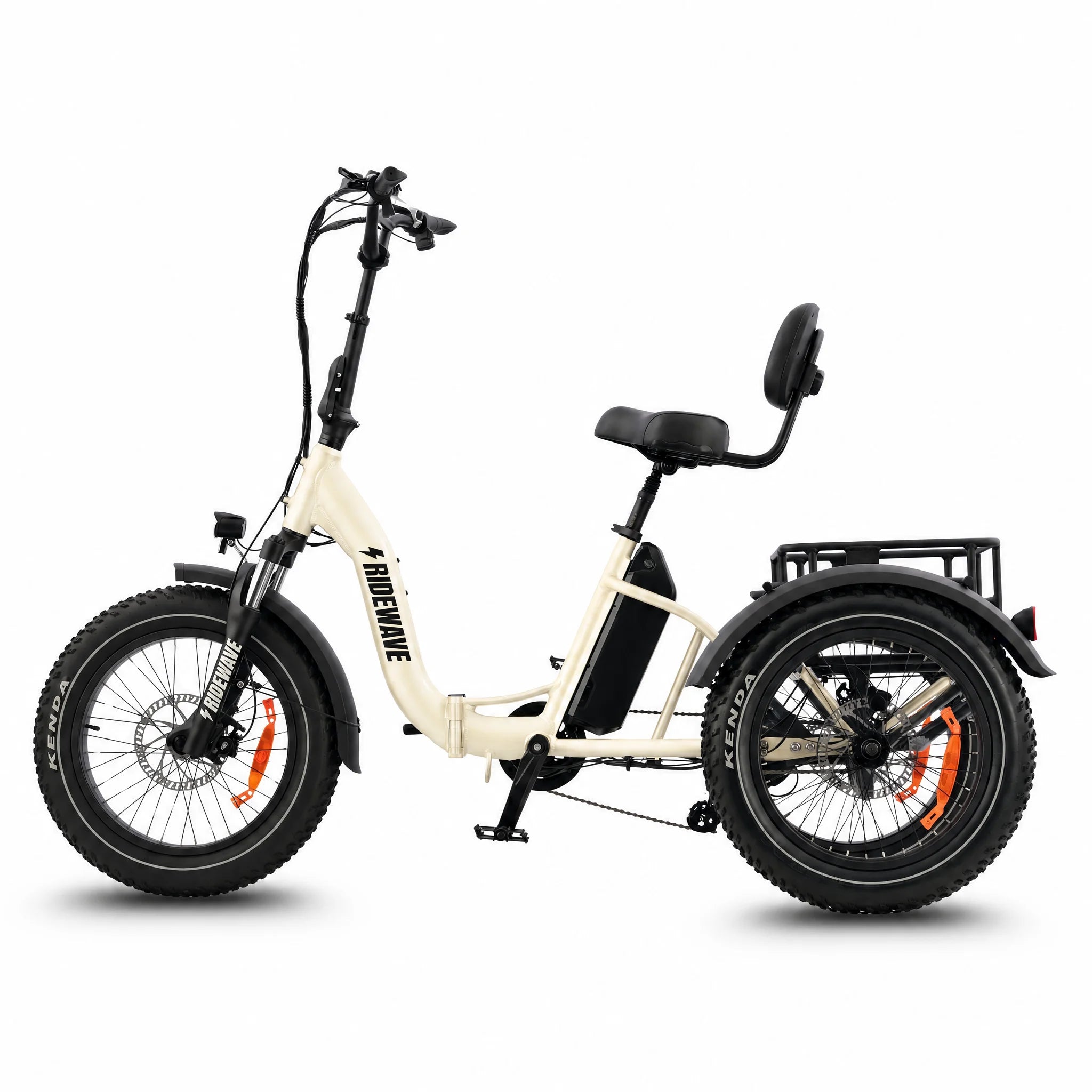 White electric tricycle with a seat and cargo rack on a white background #color_cream