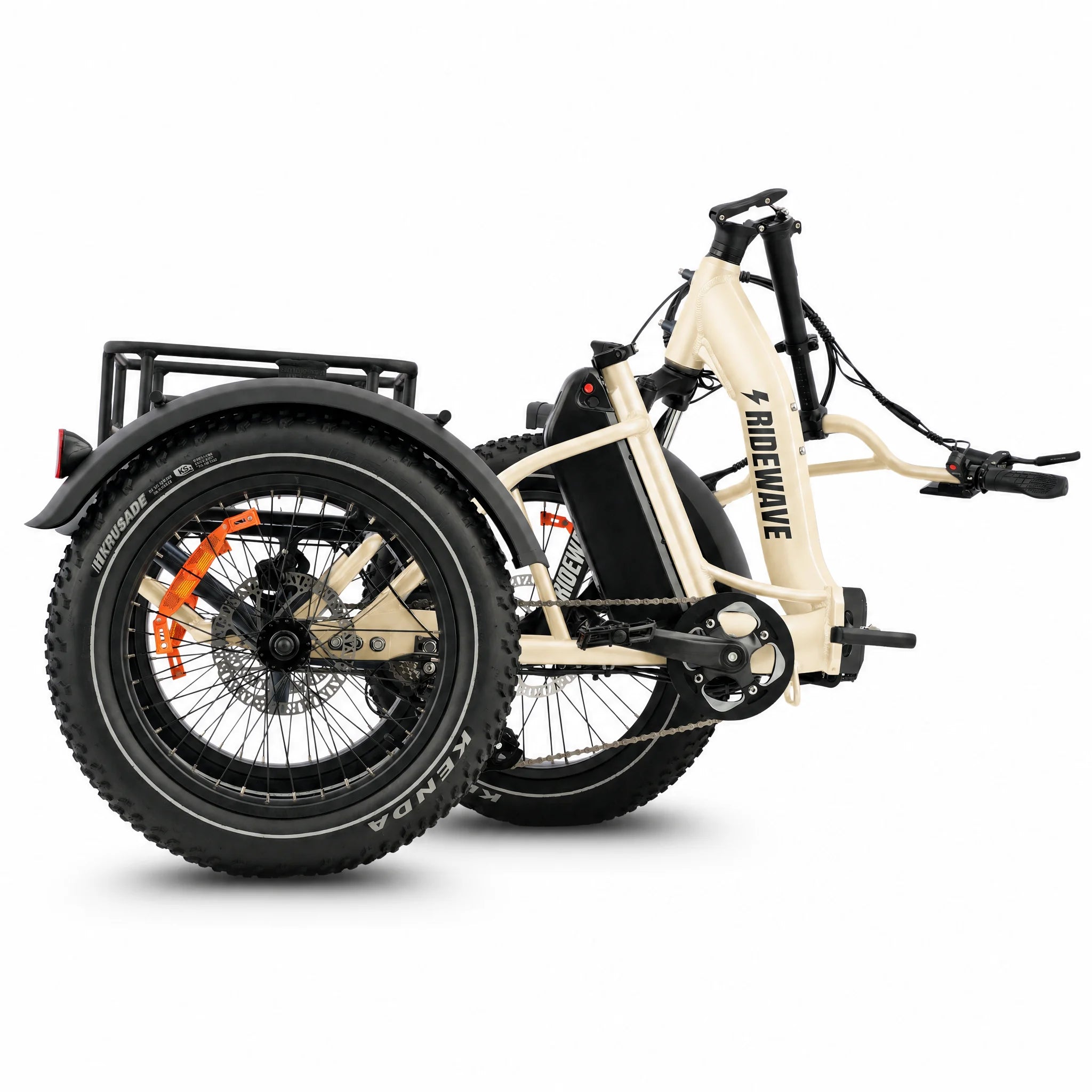 Beige electric tricycle with a cargo rack on a white background #color_cream