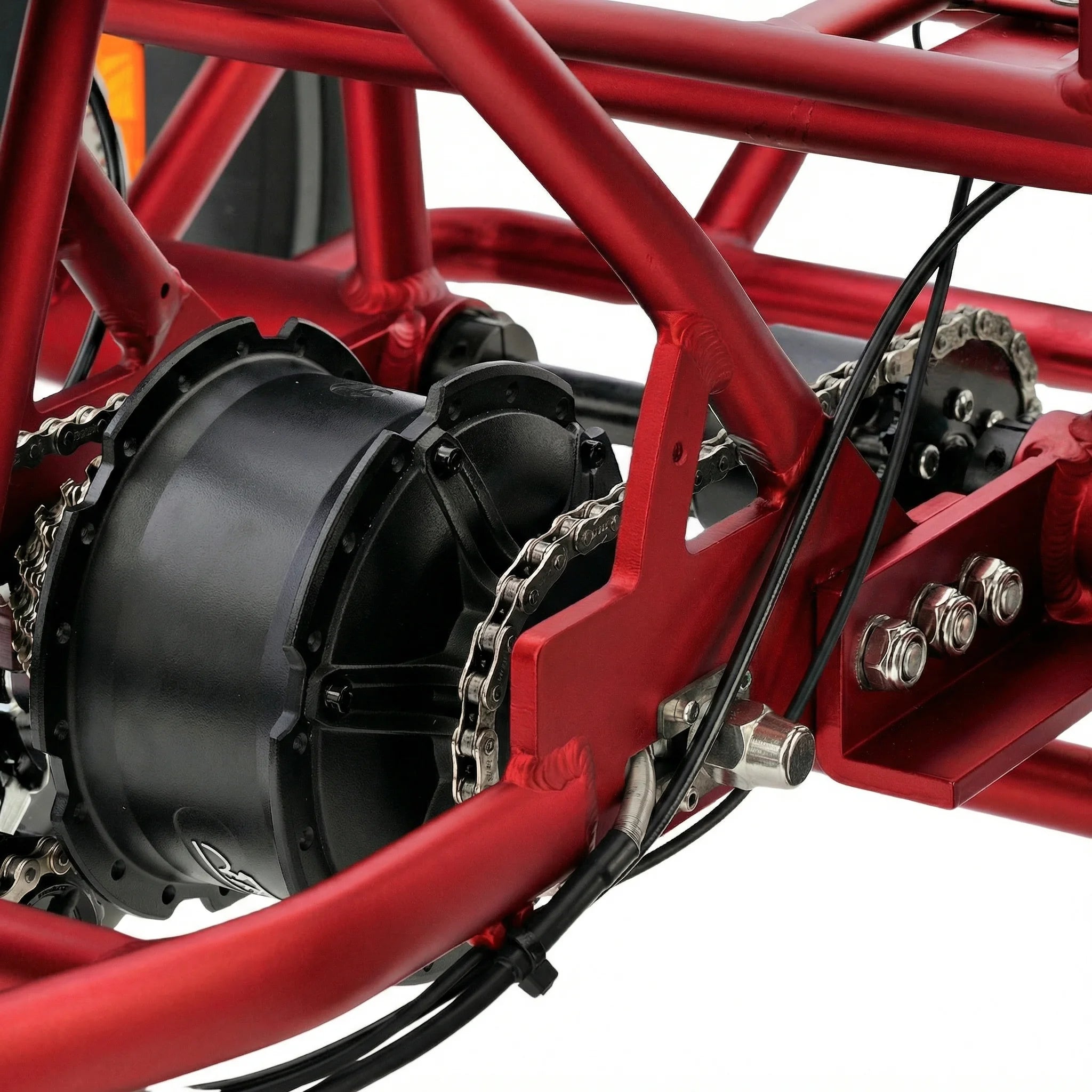 Close-up of a red bicycle frame with gear and chain mechanism on a white background #color_red