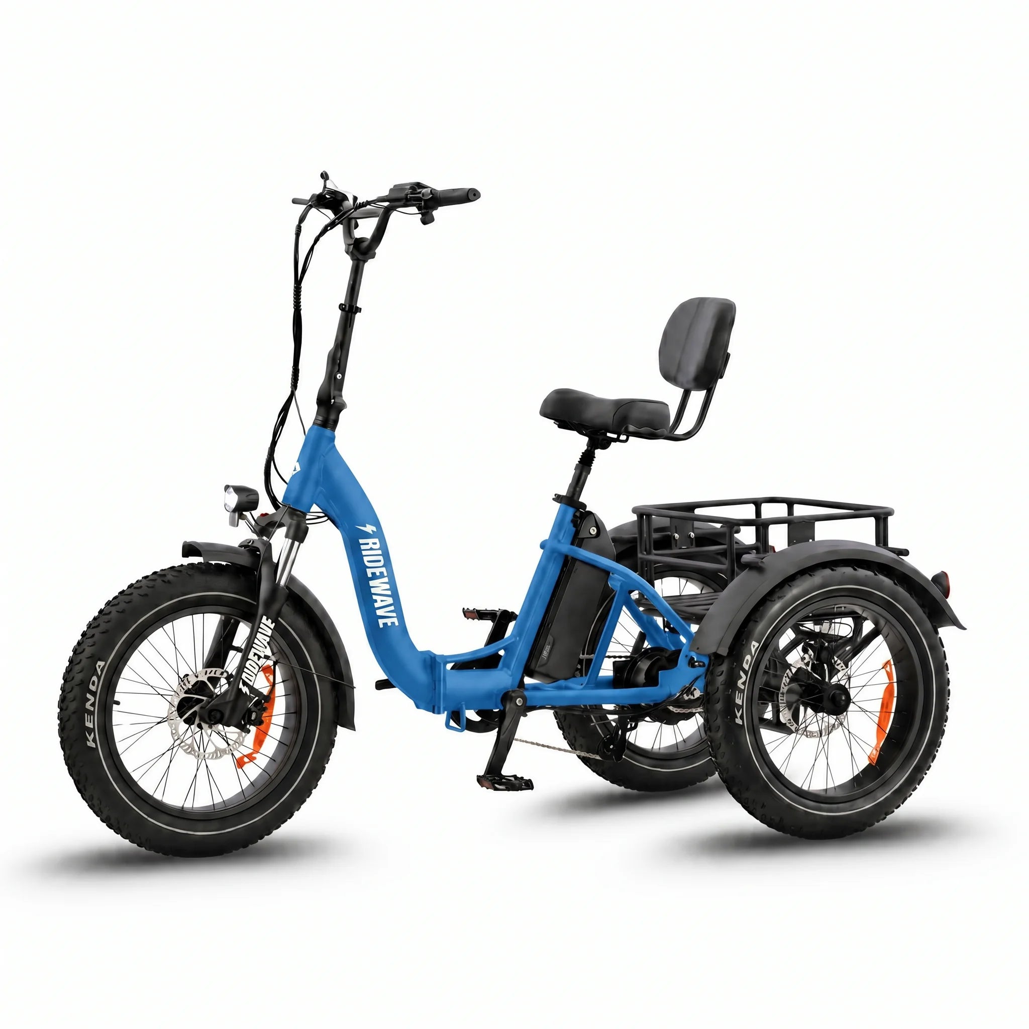 Blue three-wheeled electric bike with a seat on a white background #color_sky-blue