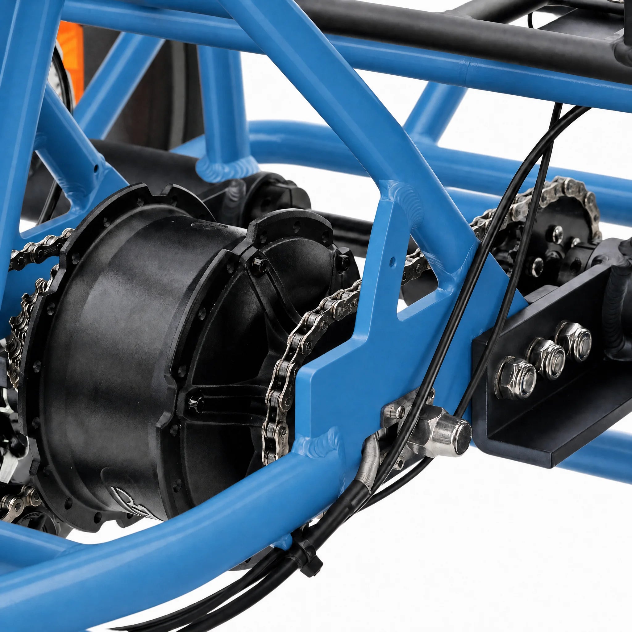 Close-up of a blue bicycle frame with mechanical components on a white background #color_sky-blue
