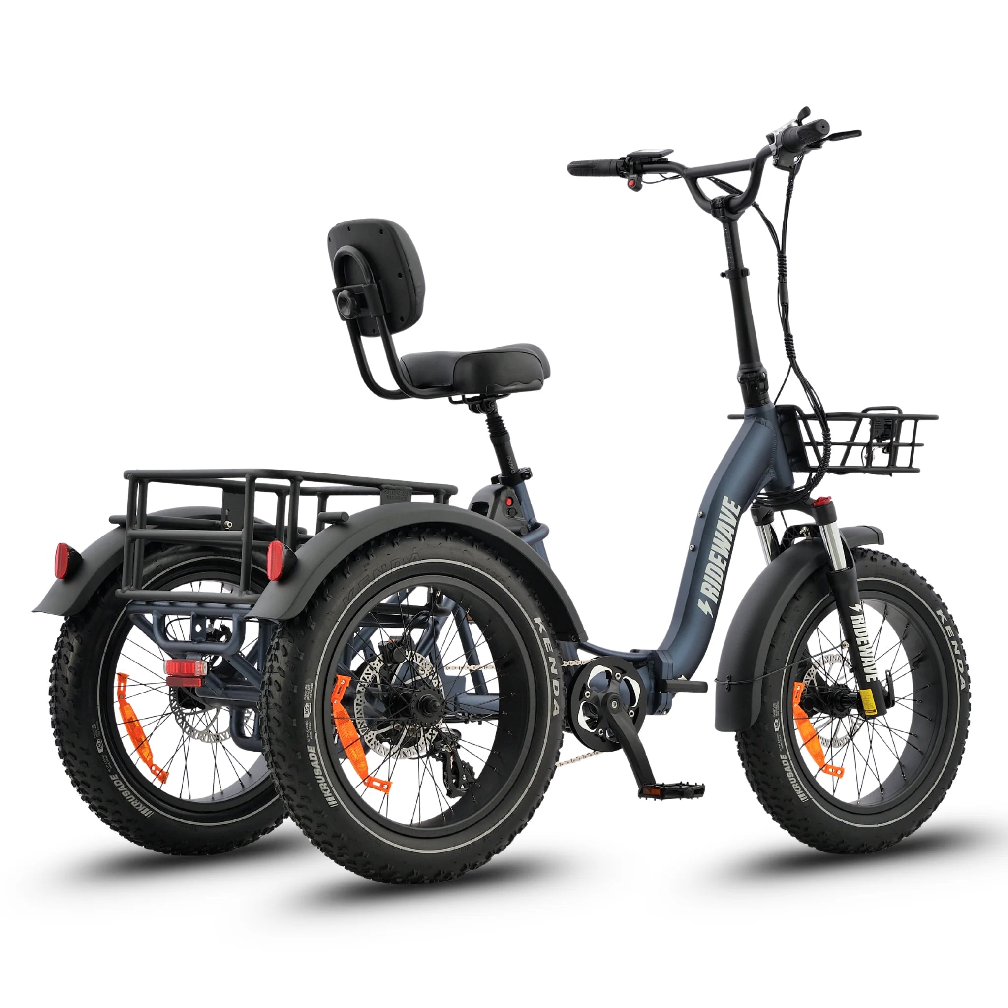 #color_slate-blue Three-wheeled electric bike with a basket on a white background