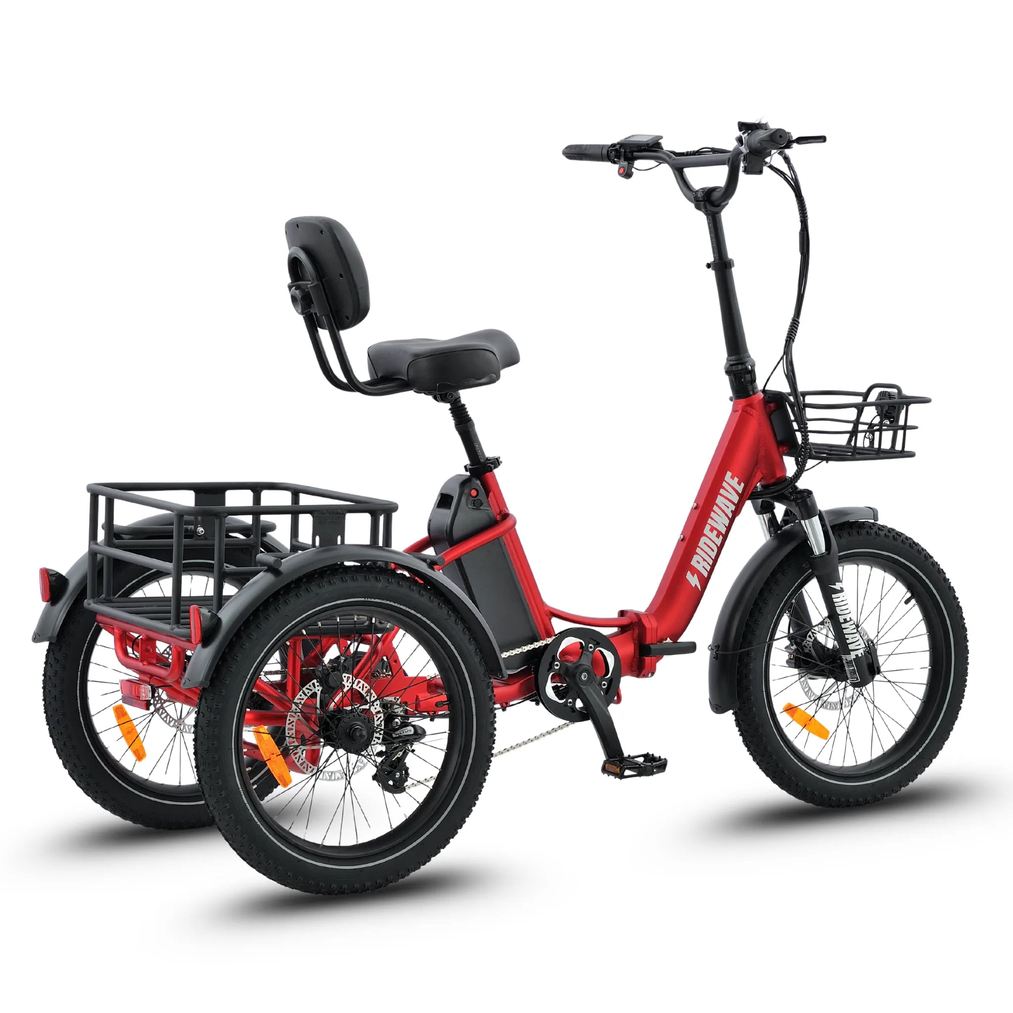 #color_red Red electric tricycle with a basket on a white background