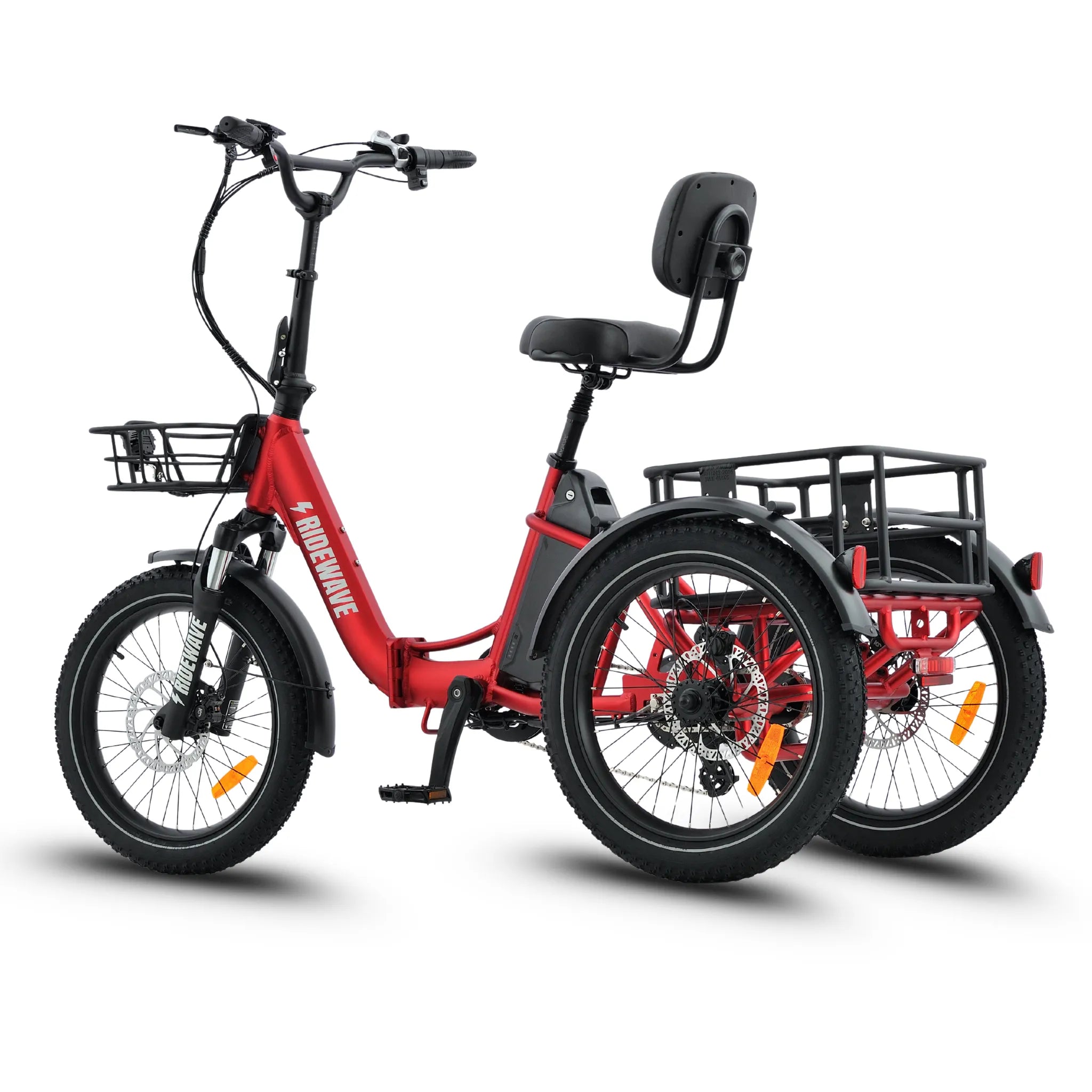 #color_red Red electric tricycle with a basket on a white background