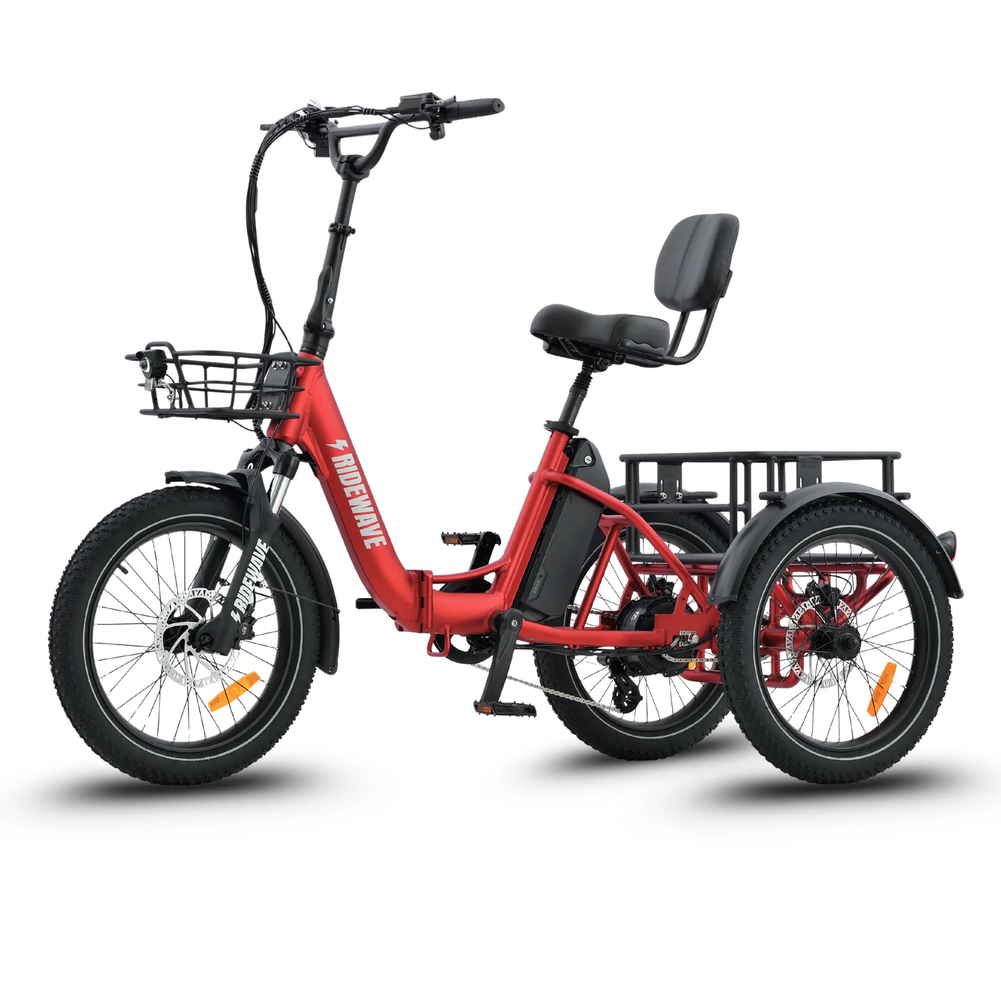 #color_red Red tricycle with a basket on a white background