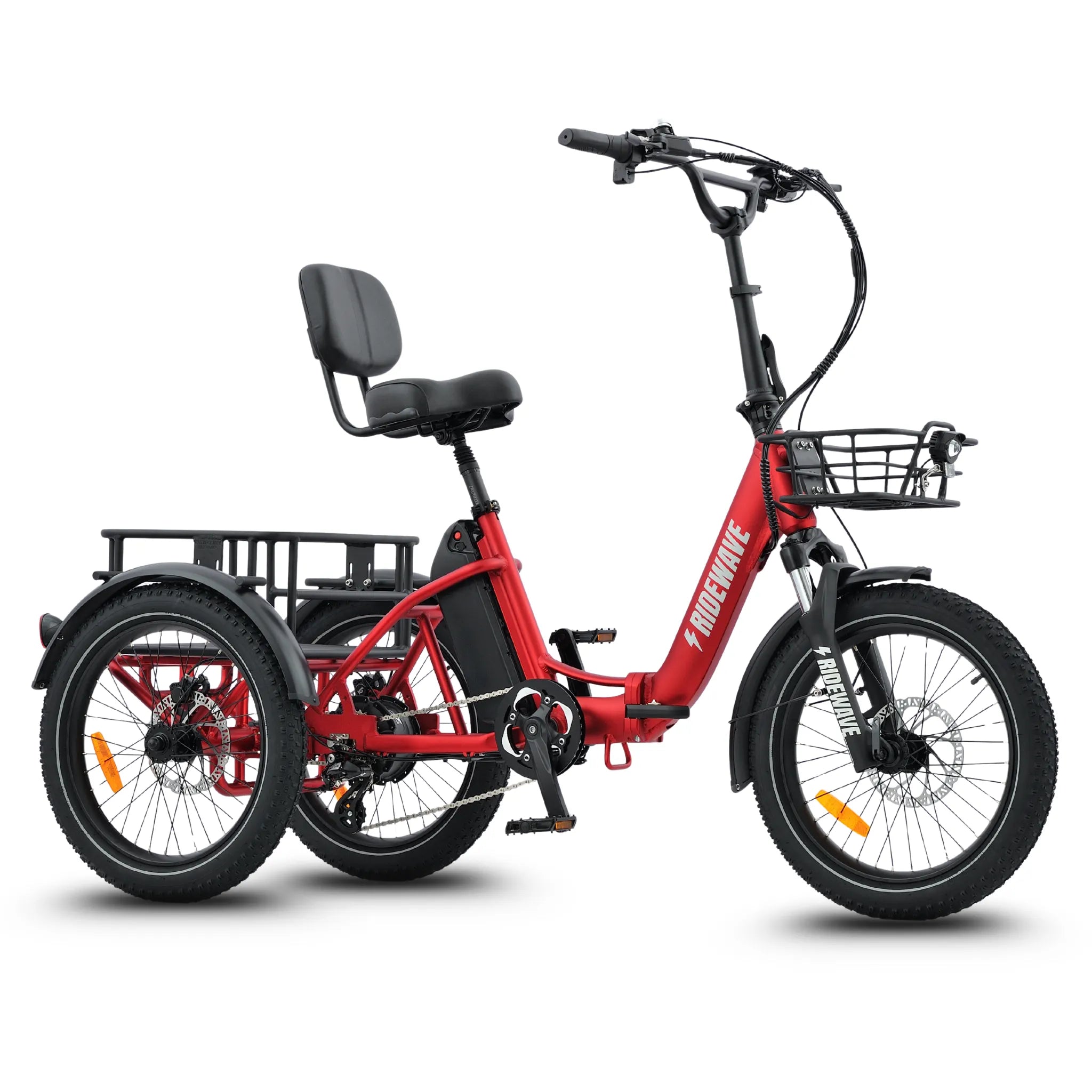 #color_red Red electric tricycle with a basket on a white background