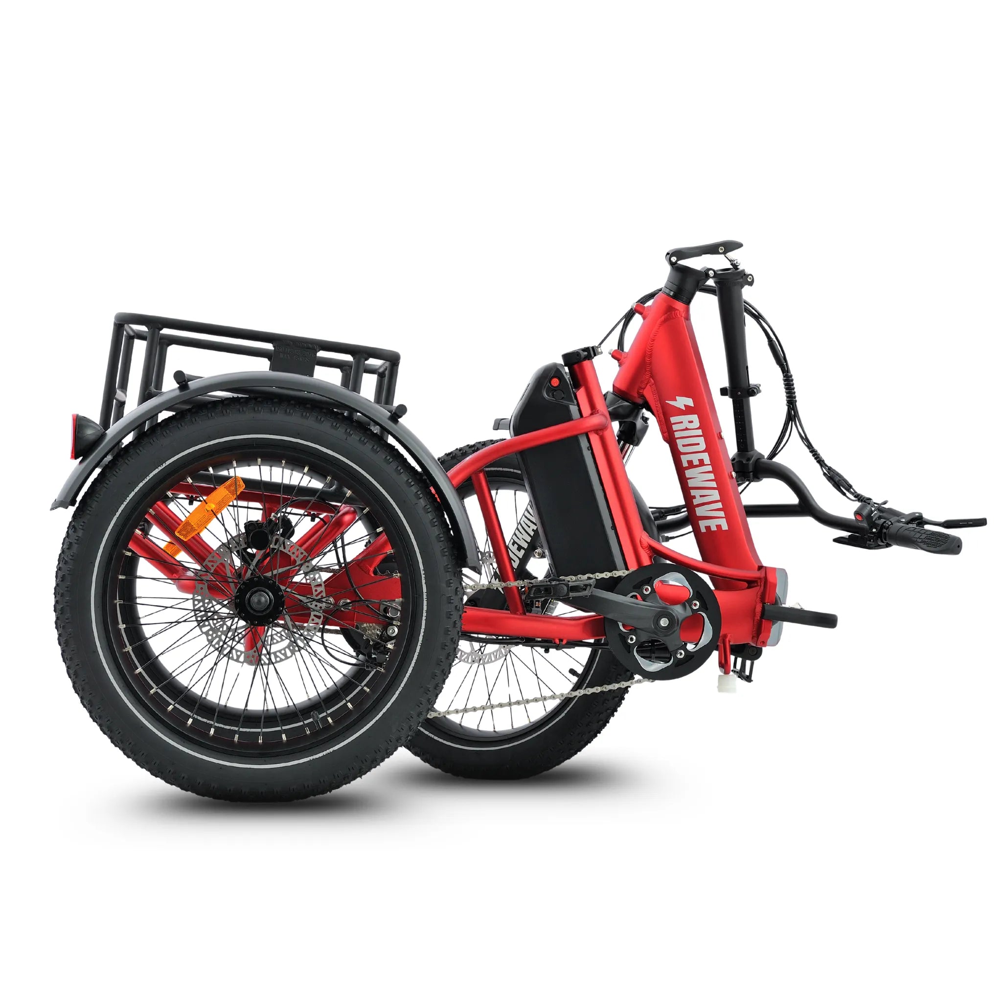 all-groups Red electric tricycle with a black basket