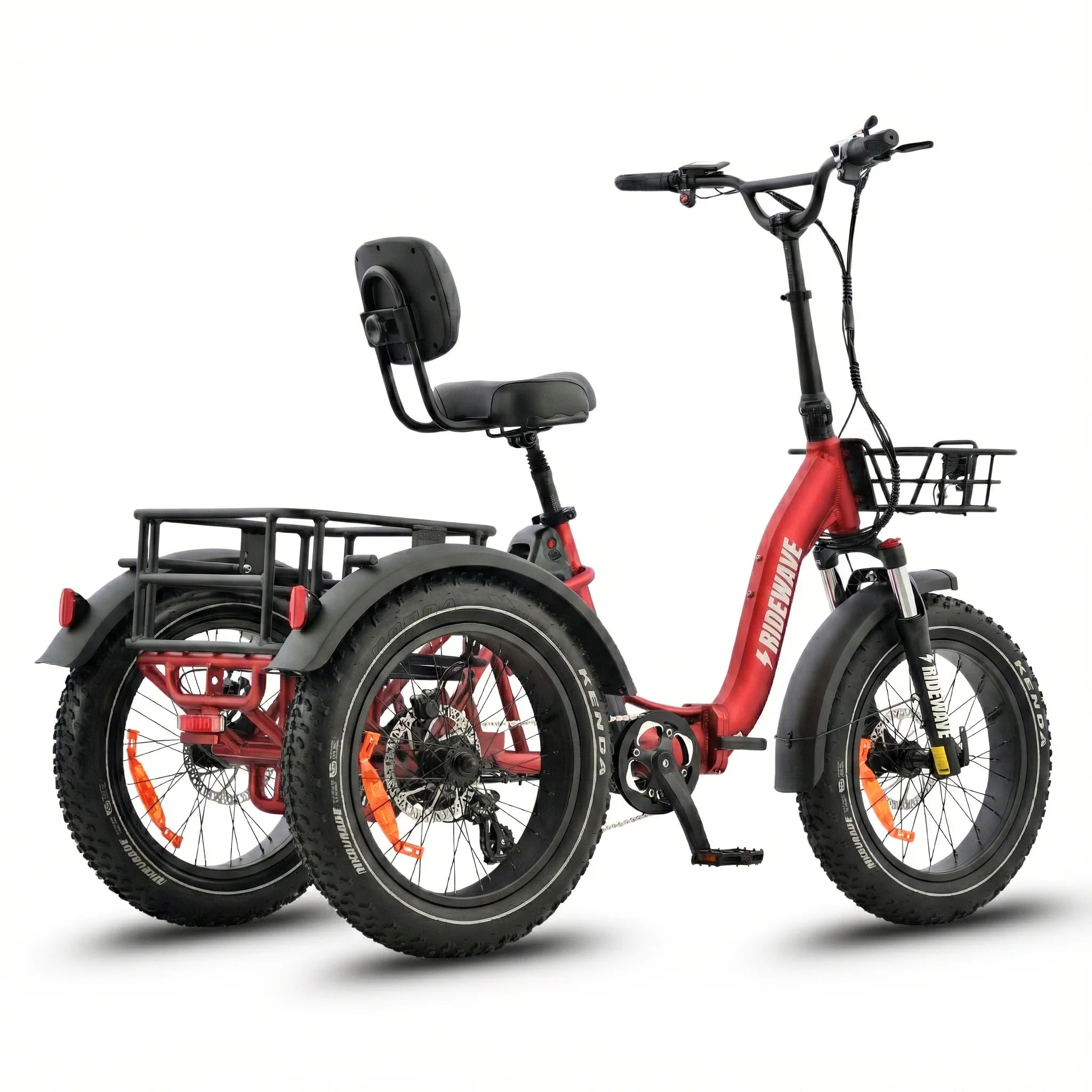 #color_red Red electric tricycle with a black seat and basket on a white background