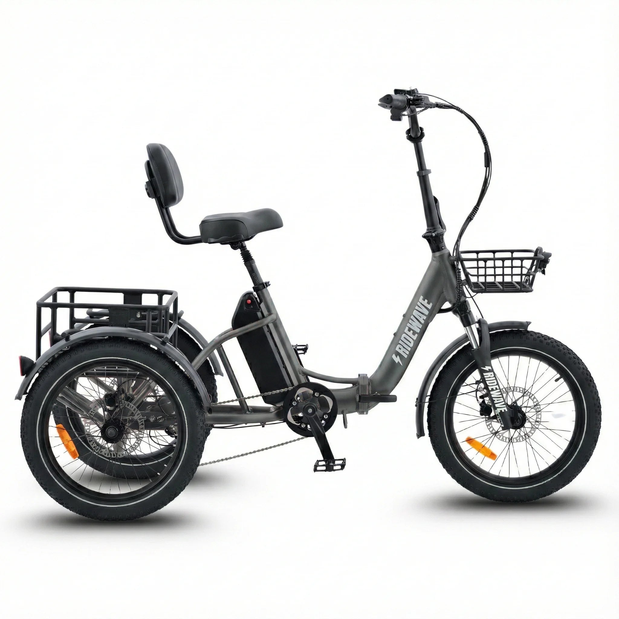 #color_graphite Gray electric tricycle with a basket on a white background