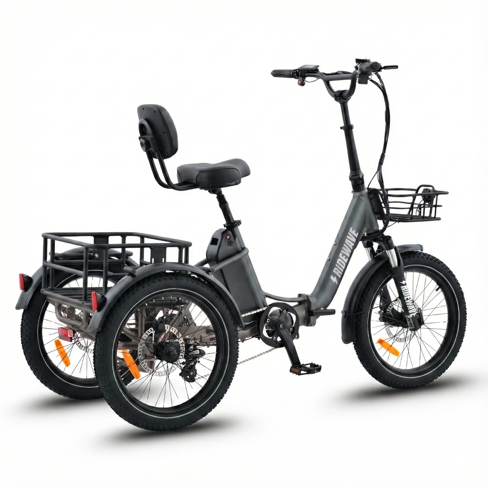 #color_graphite Gray electric tricycle with a basket on a white background