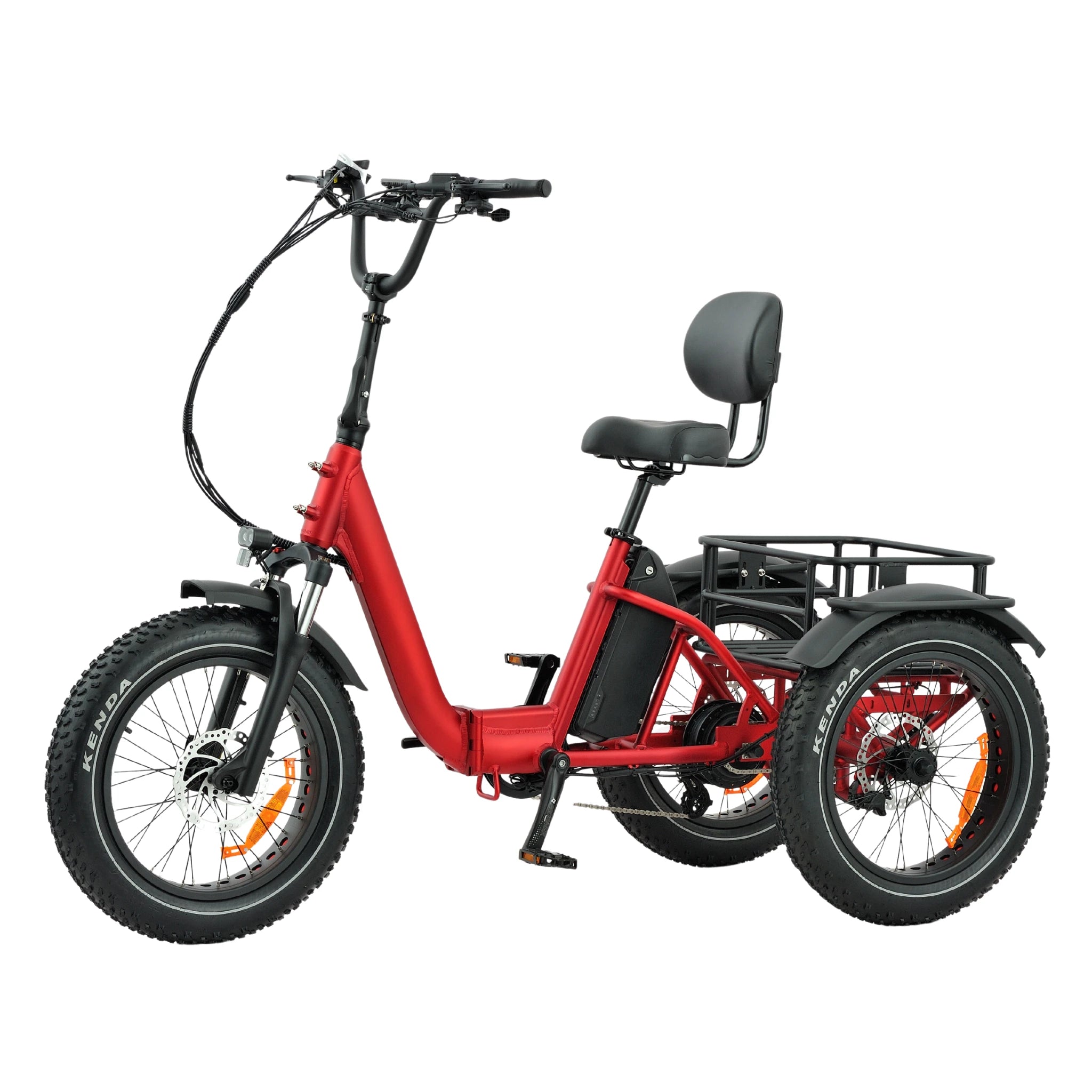 Red electric tricycle with a black seat and rear rack on a white background