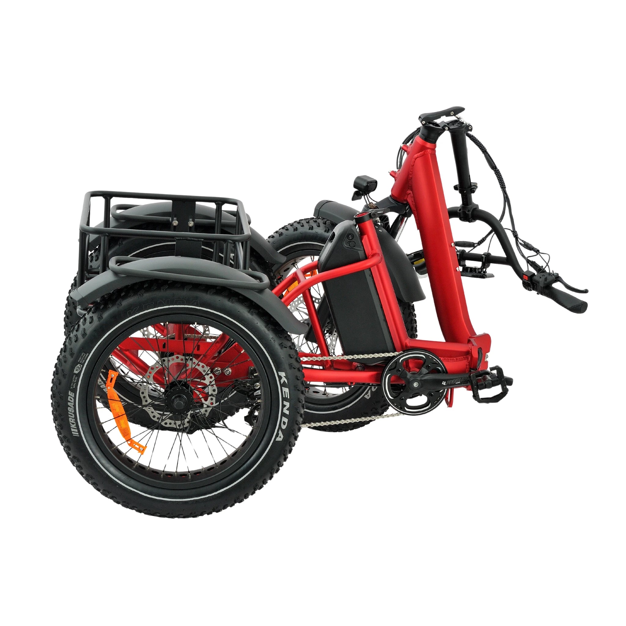 Red electric bike with large wheels on a white background