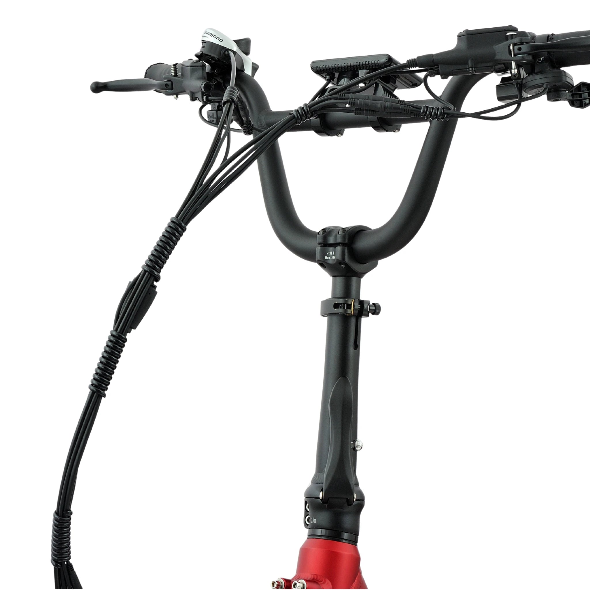 Close-up of a bicycle handlebar with red brake lever on a white background