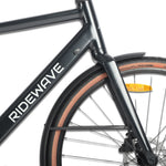 Front fork and wheel detail of the Ridewave Glide Road electric bike