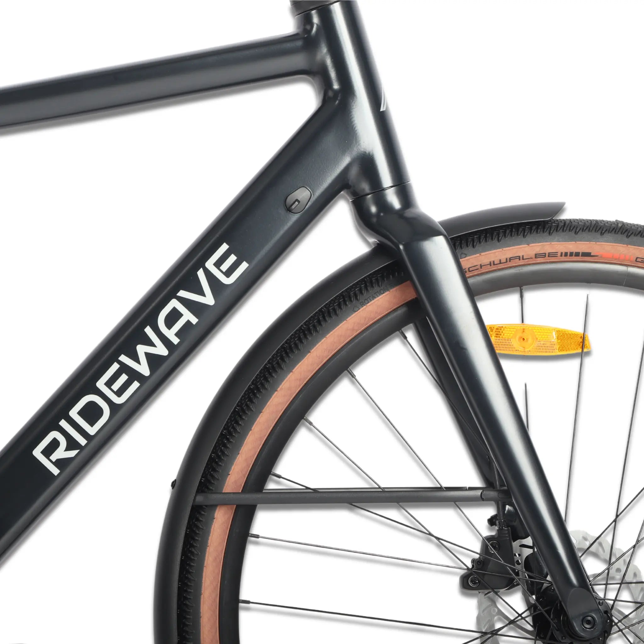 Front fork and wheel detail of the Ridewave Glide Road electric bike