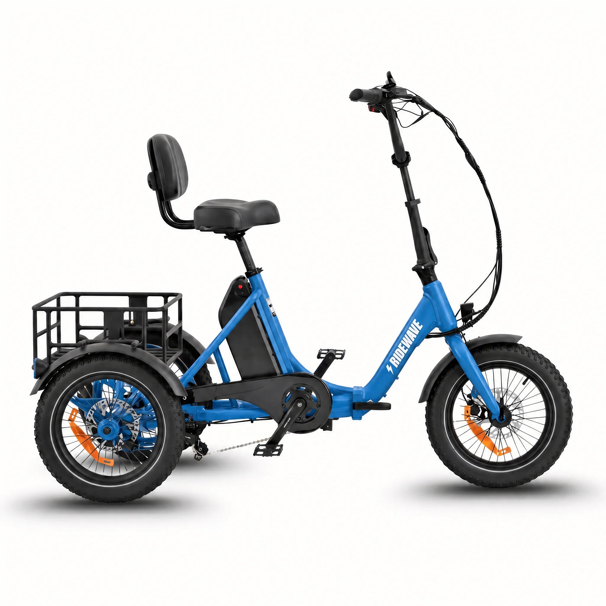 Blue electric tricycle with a basket on a white background #color_sky-blue