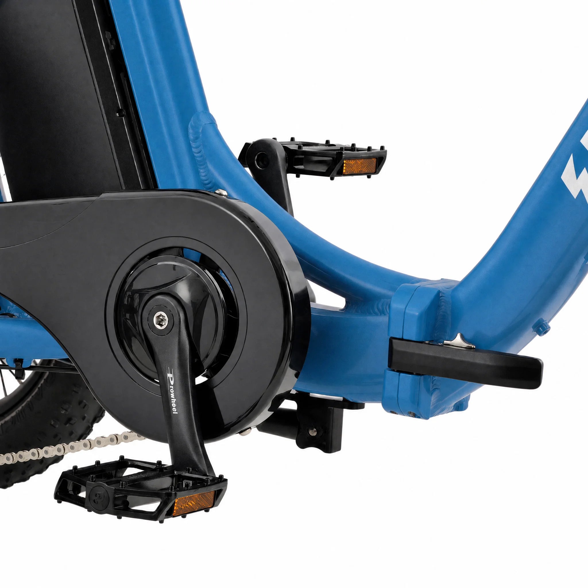 Close-up of a blue bicycle with a black pedal and chain mechanism on a white background #color_sky-blue