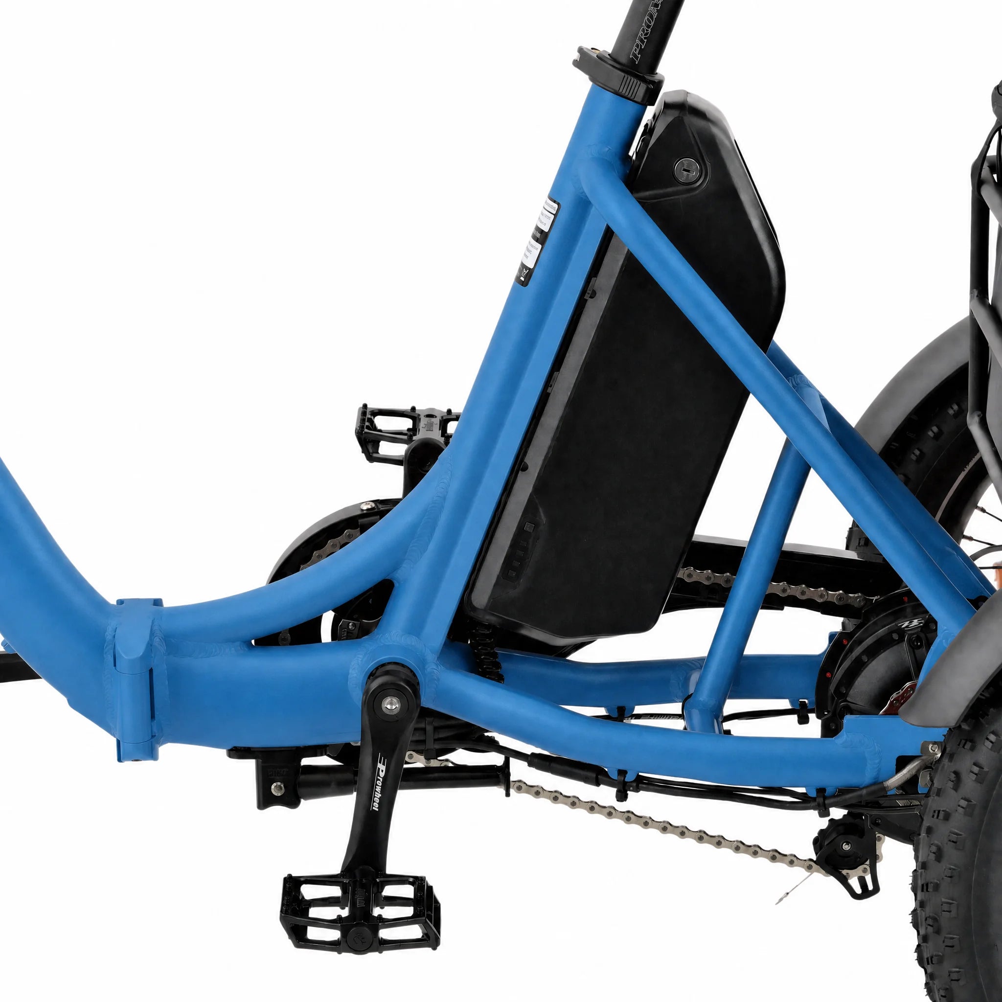 Blue bicycle frame with a black seat on a white background #color_sky-blue