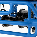 Close-up of a blue metal frame with mechanical components on a white background #color_sky-blue
