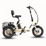 Beige electric tricycle with a black seat and basket on a white background #color_cream