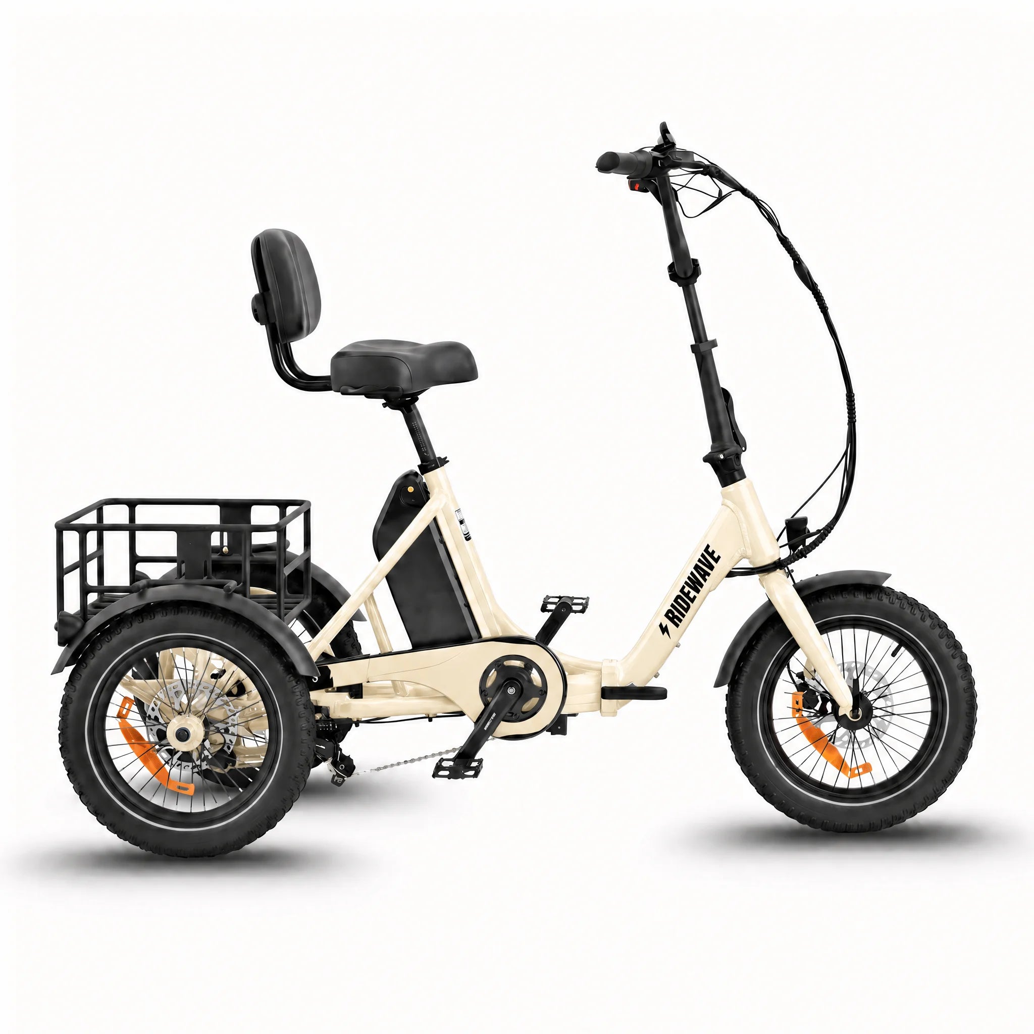 Beige electric tricycle with a black seat and basket on a white background #color_cream