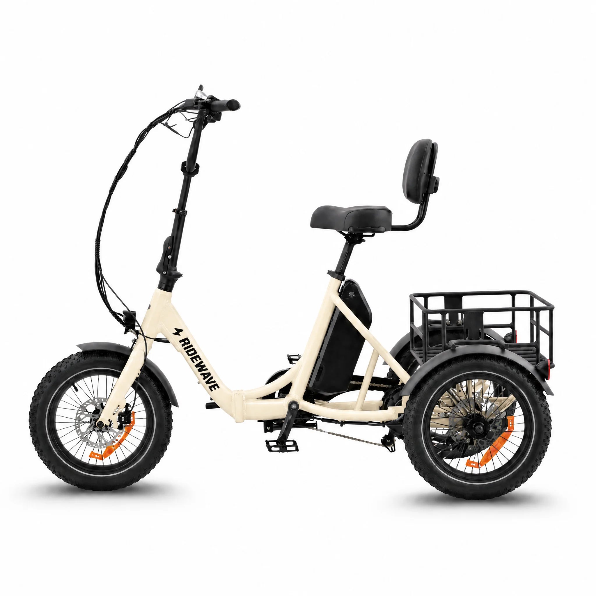 Beige electric tricycle with a basket on a white background #color_cream