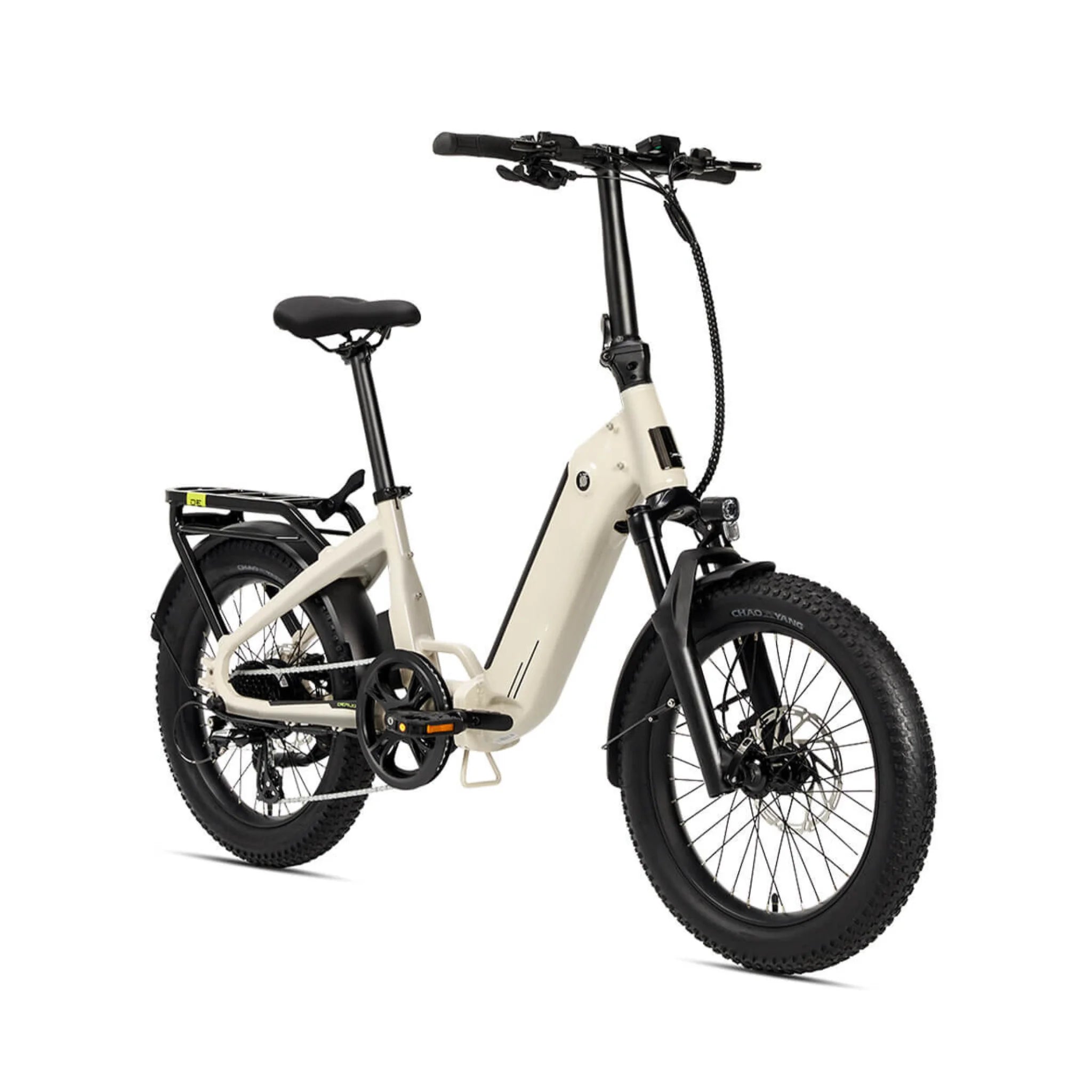 #color_warm-grey Miniwave folding electric bike side view in warm grey, fat tyre ebike