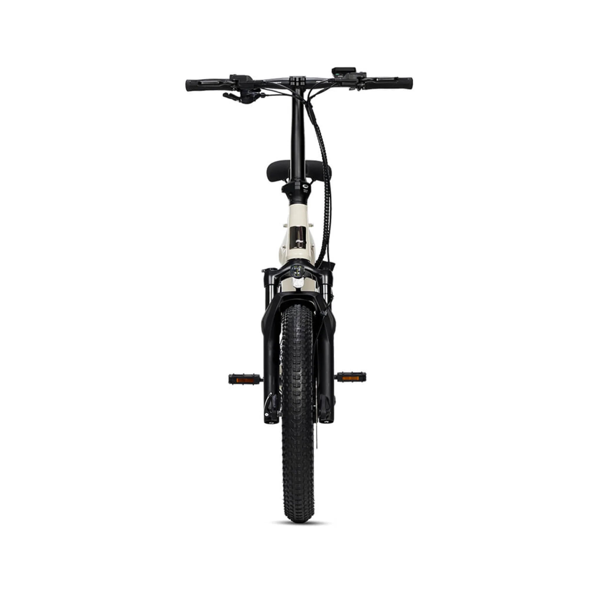 #color_warm-grey Miniwave folding ebike front view in warm grey with wide fat tyres